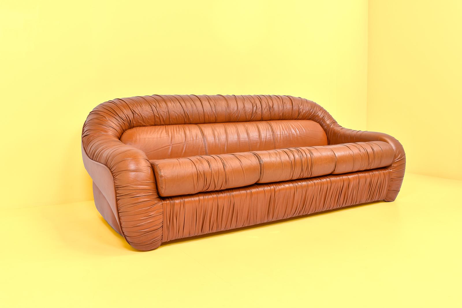 Italian Cognac Ruched Leather Three-Seater Sofa by George Bighinello, 1970s 4