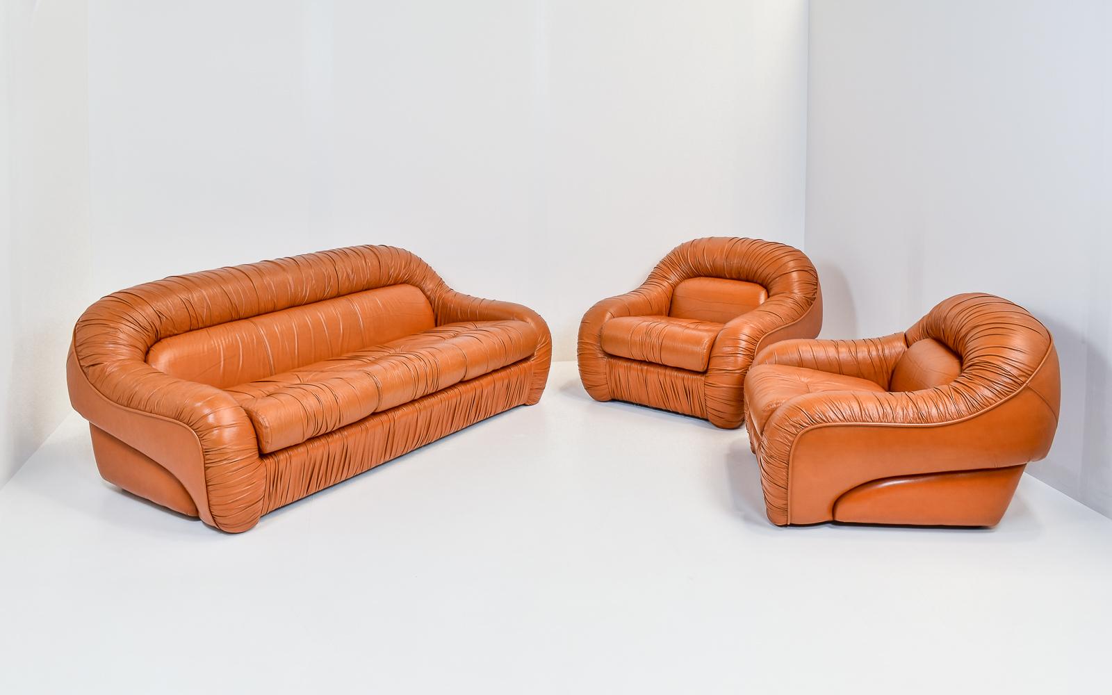 Italian Cognac Ruched Leather Three-Seater Sofa by George Bighinello, 1970s 5