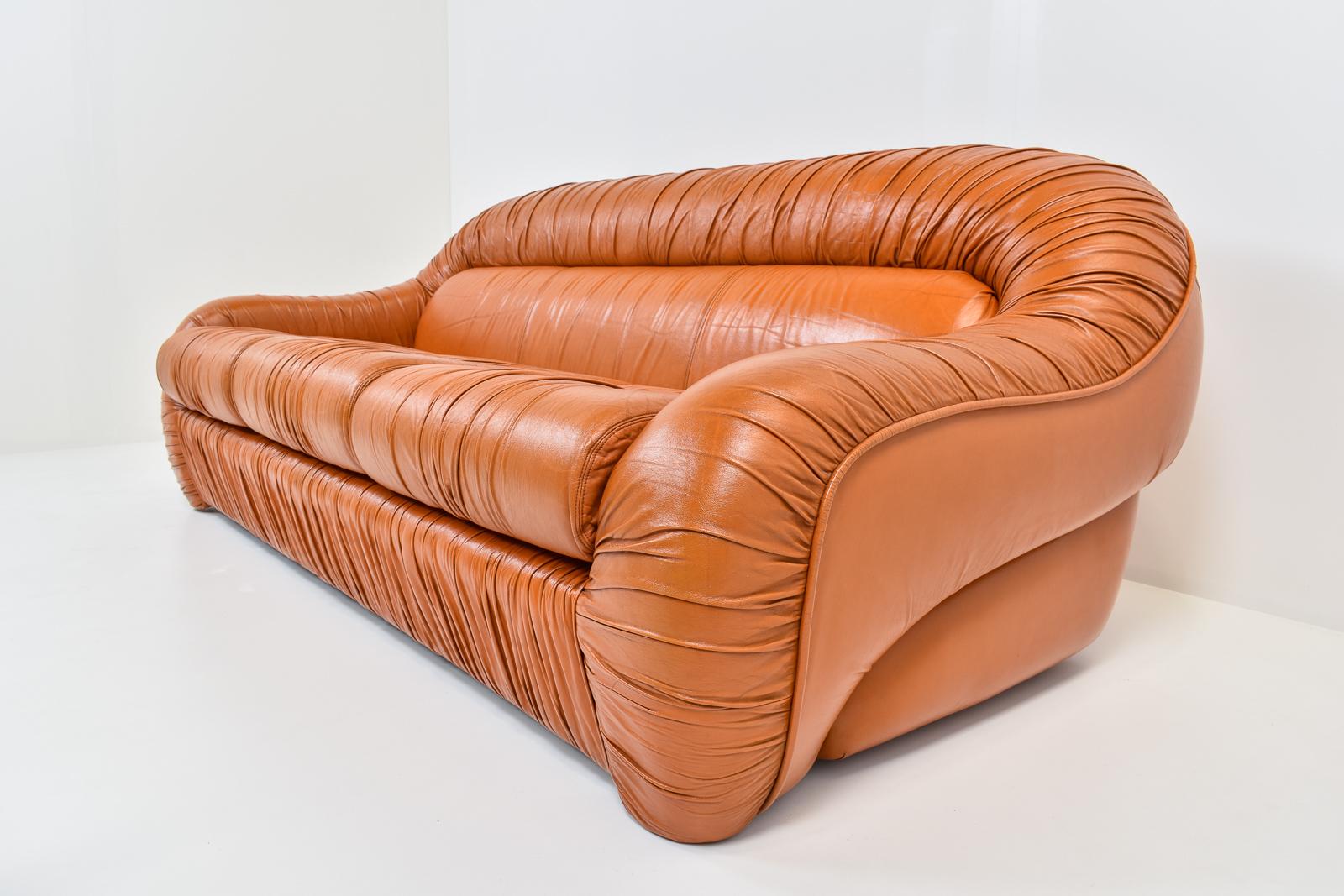Mid-Century Modern Italian Cognac Ruched Leather Three-Seater Sofa by George Bighinello, 1970s