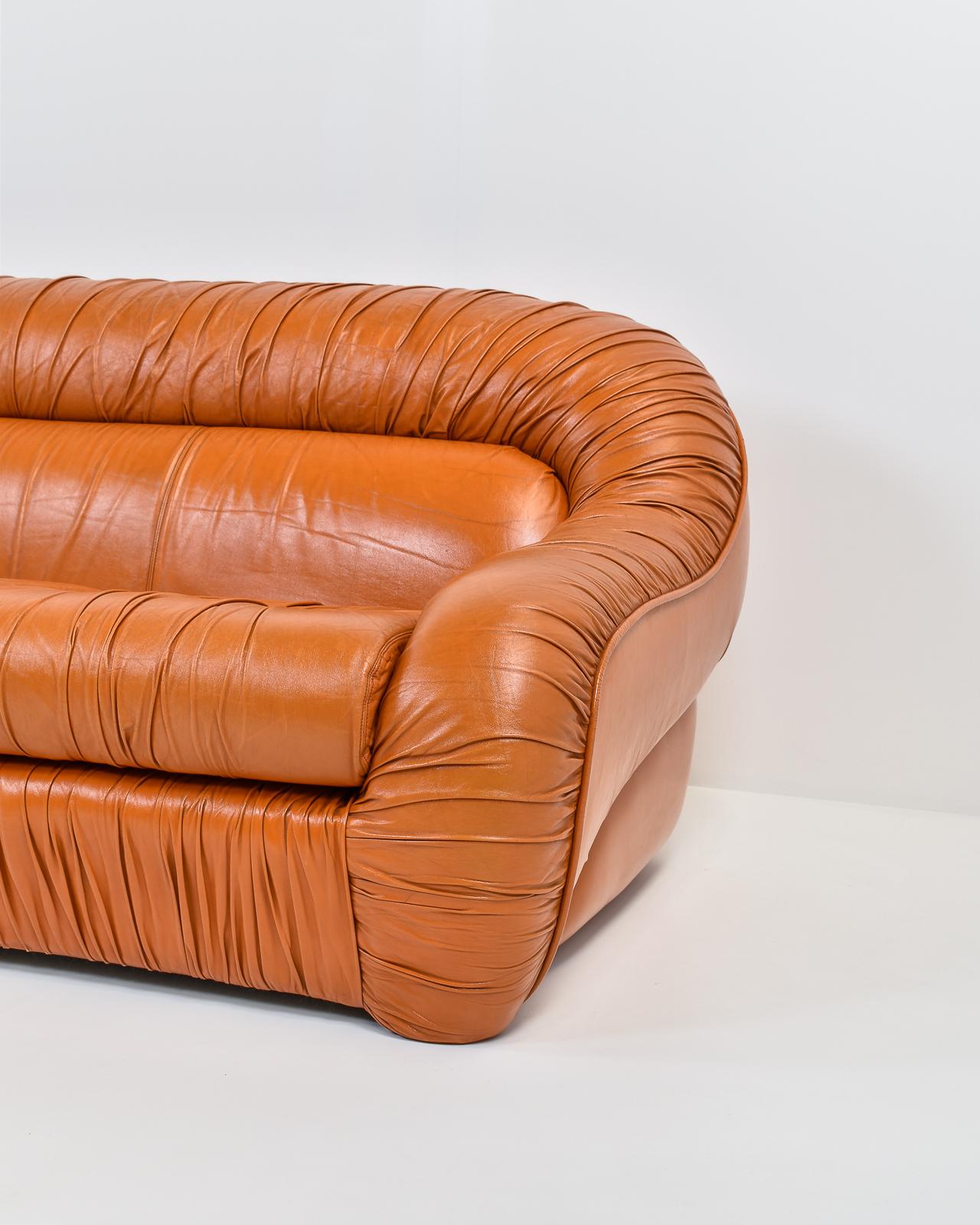 Anodized Italian Cognac Ruched Leather Three-Seater Sofa by George Bighinello, 1970s