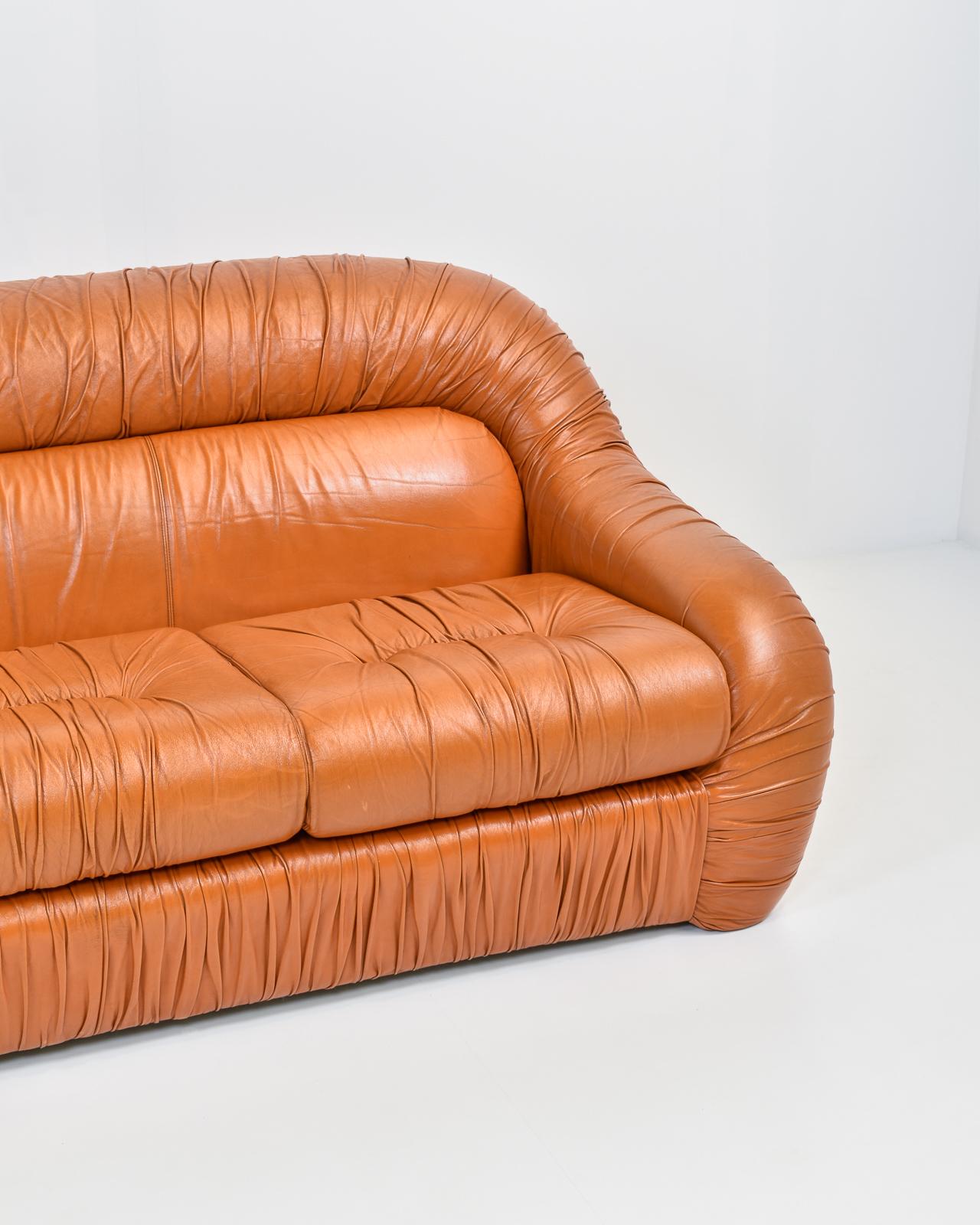Italian Cognac Ruched Leather Three-Seater Sofa by George Bighinello, 1970s 1