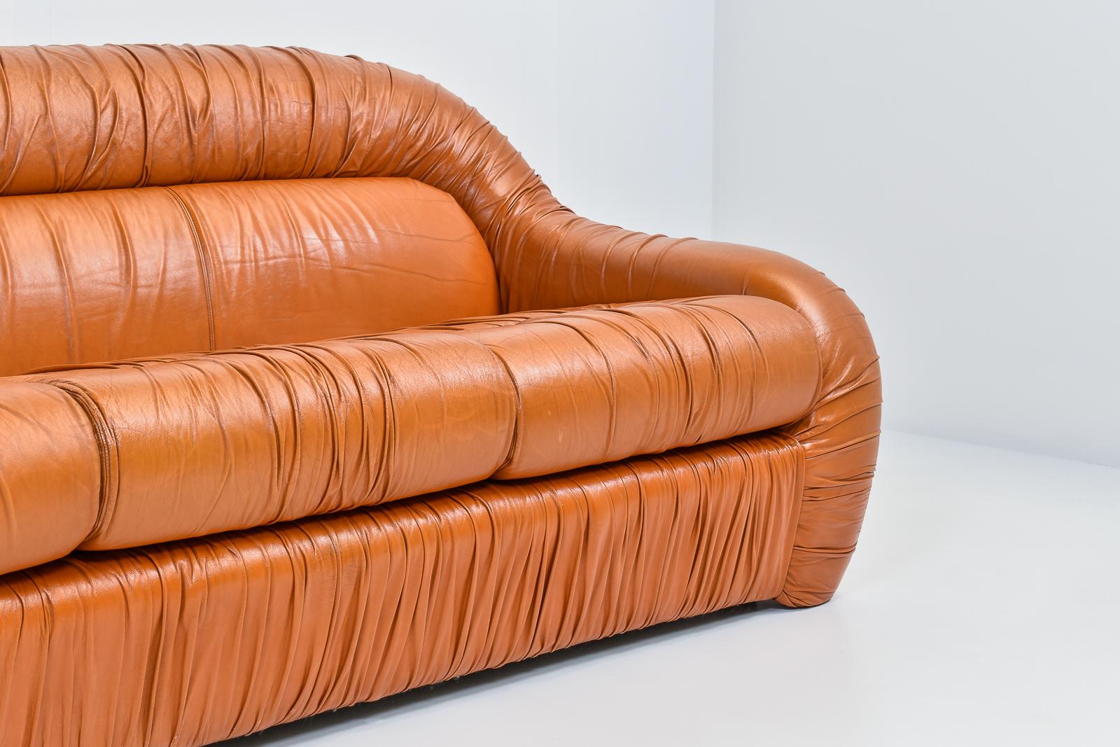 Italian Cognac Ruched Leather Three-Seater Sofa by George Bighinello, 1970s 2