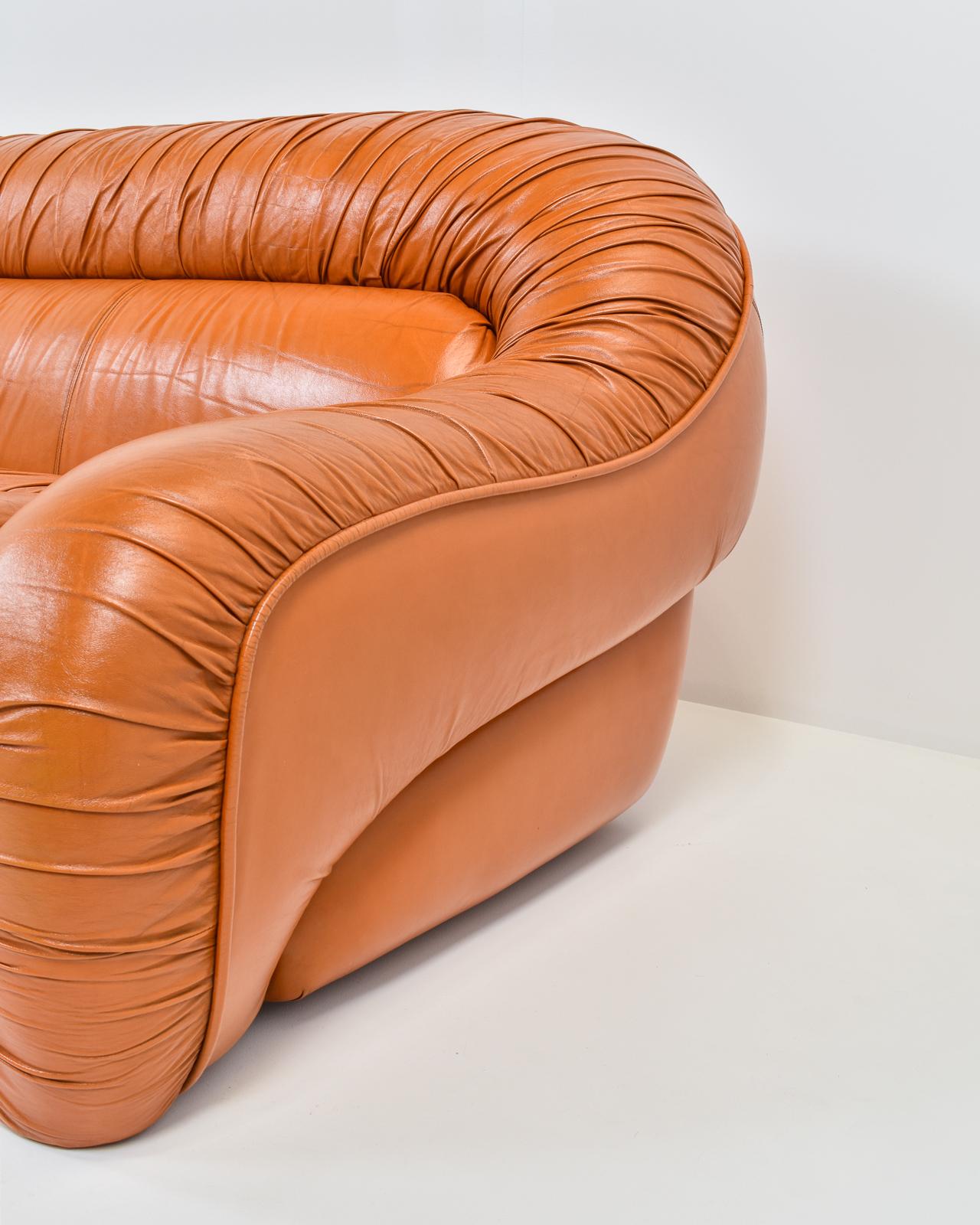 Italian Cognac Ruched Leather Three-Seater Sofa by George Bighinello, 1970s 3