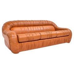 Vintage Italian Cognac Ruched Leather Three-Seater Sofa by George Bighinello, 1970s