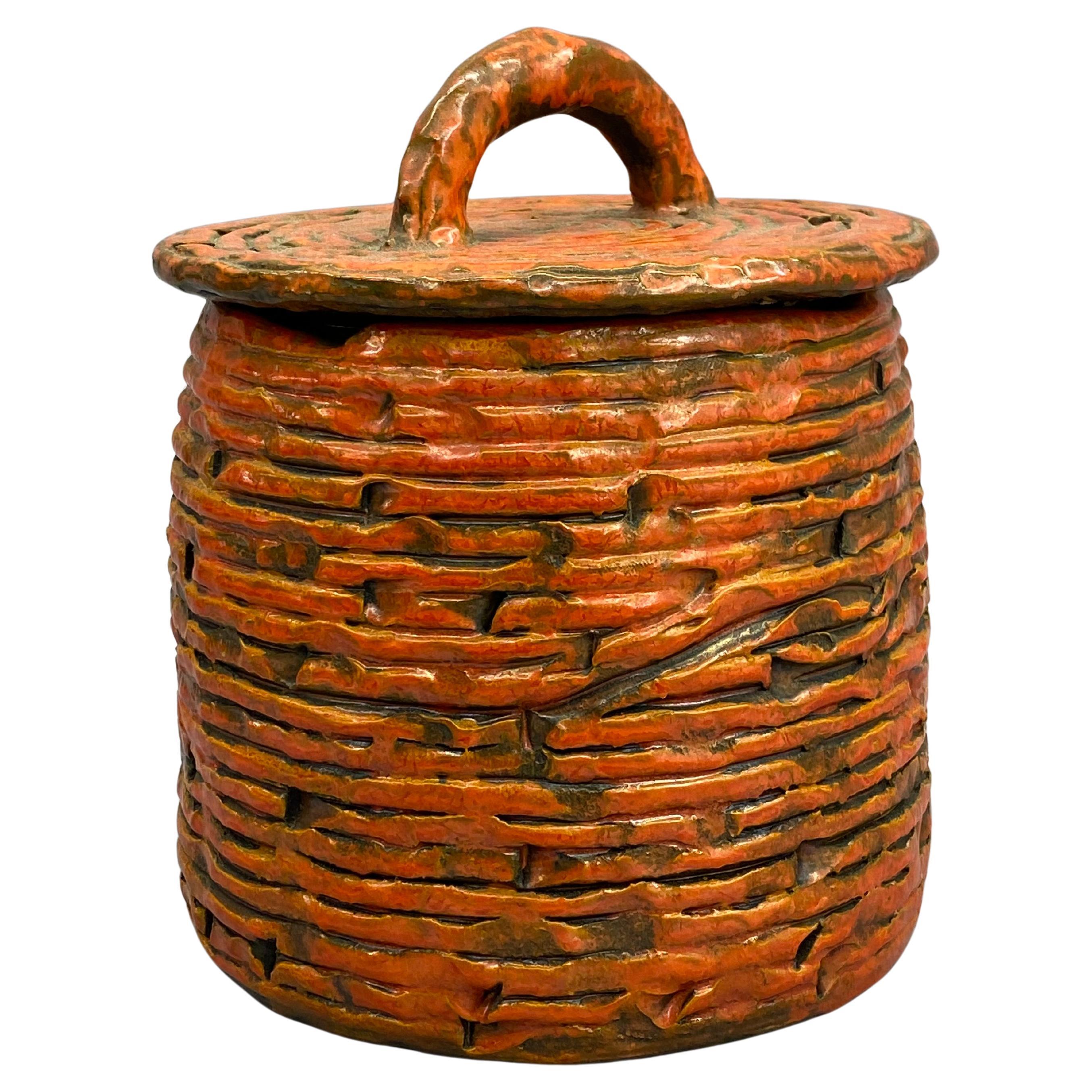 Italian Coil Constructed Covered Orange Pottery Vessel, Alvino Bagni Studio For Sale