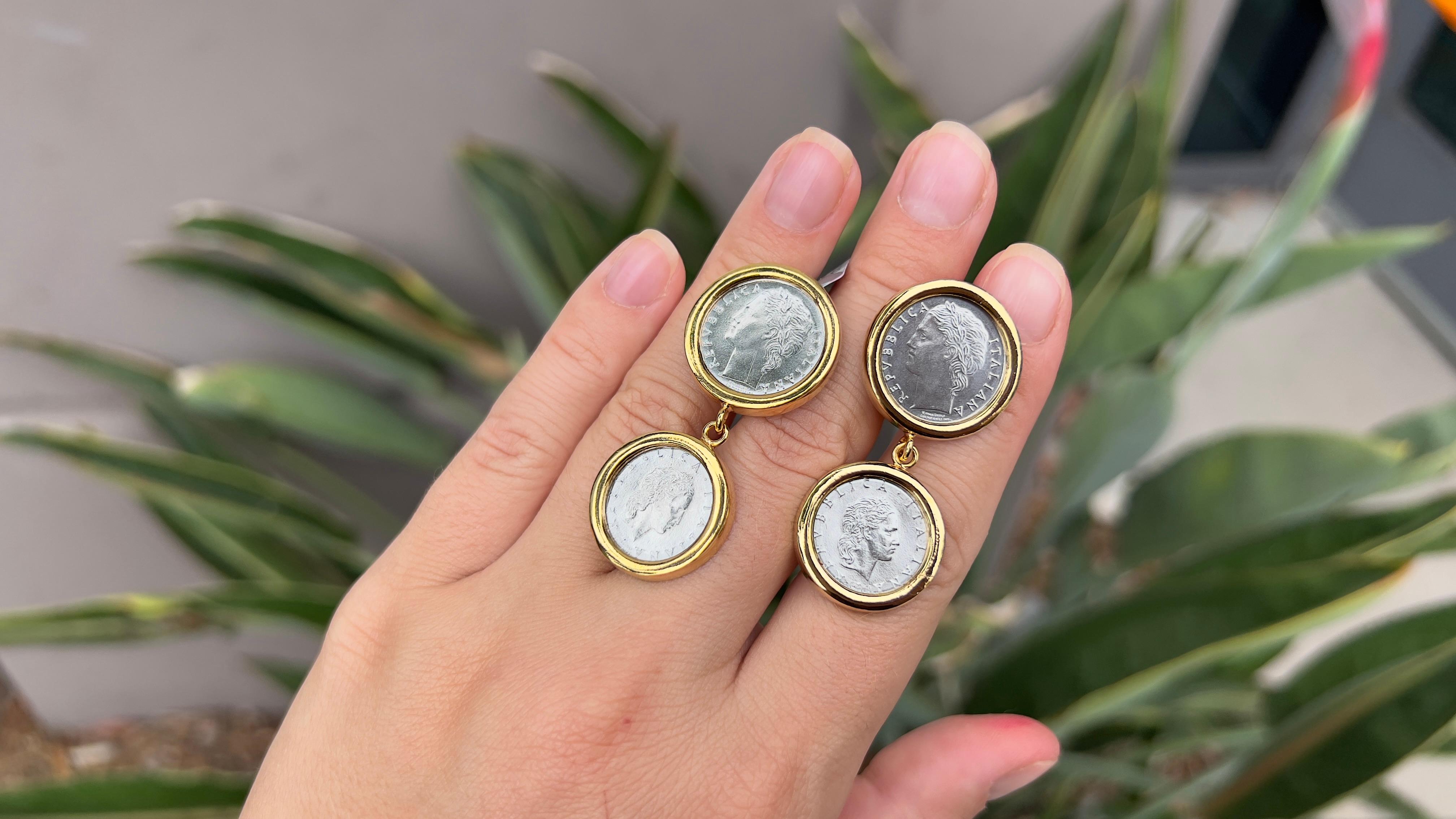 Modern Italian Coins Mother 18K Gold Over Silver Earrings For Sale