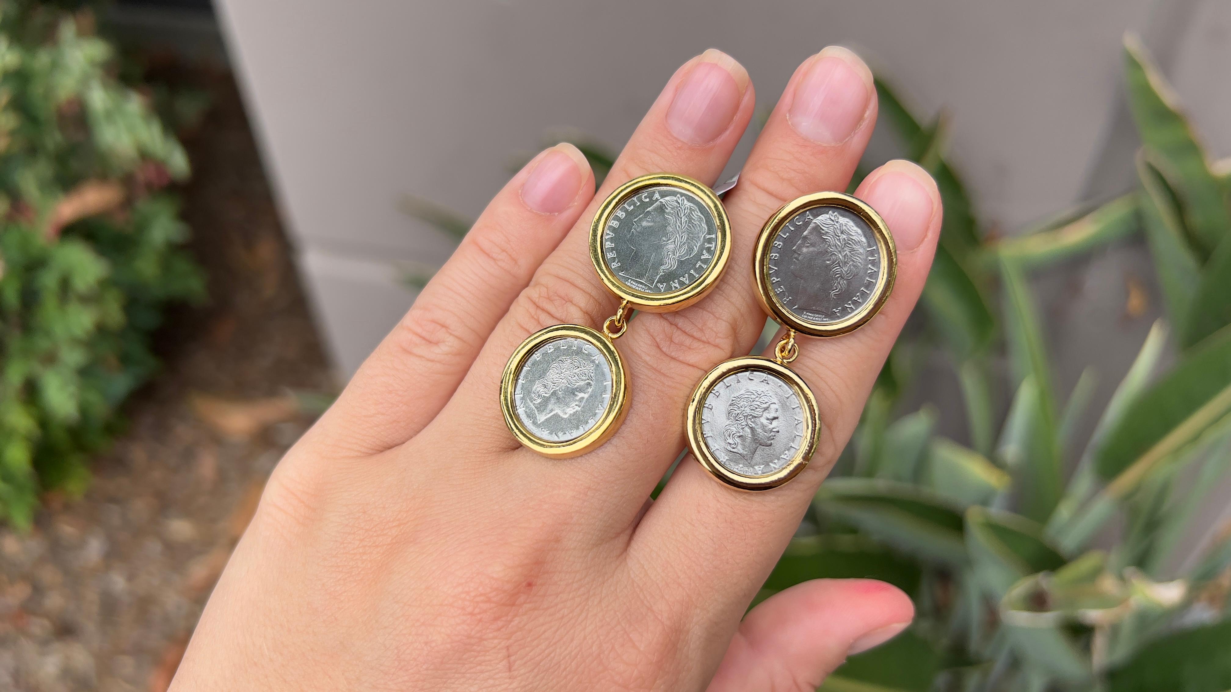 Italian Coins Mother 18K Gold Over Silver Earrings In New Condition For Sale In Carlsbad, CA