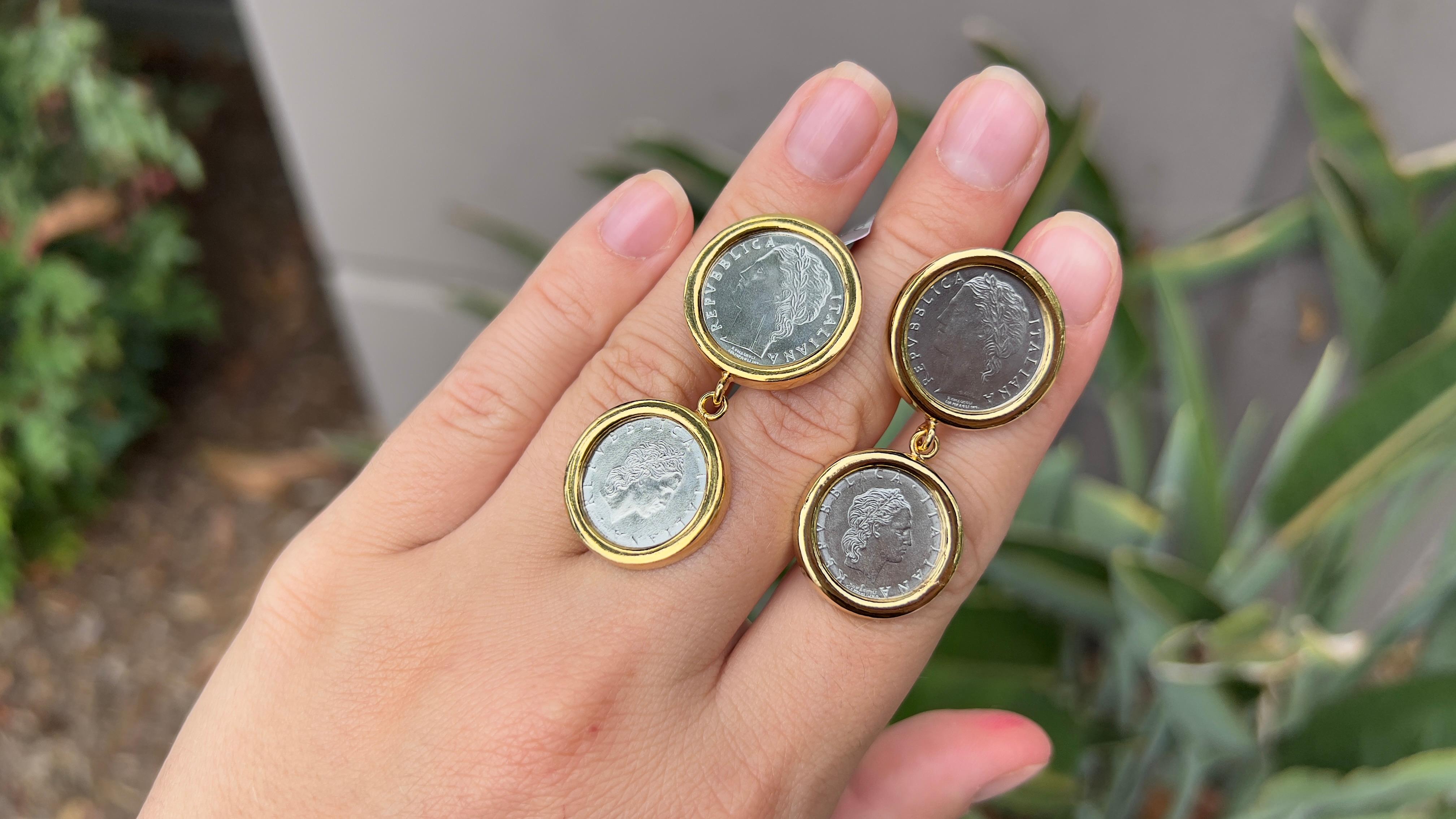Women's or Men's Italian Coins Mother 18K Gold Over Silver Earrings For Sale
