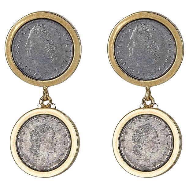 Boucles d'oreilles en or 18 carats sur argent avec pièces de monnaie italiennes