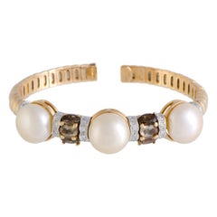 Italian Collection 18K Gold Diamond Smoky Topaz and Pearl Open Bangle Bracelet