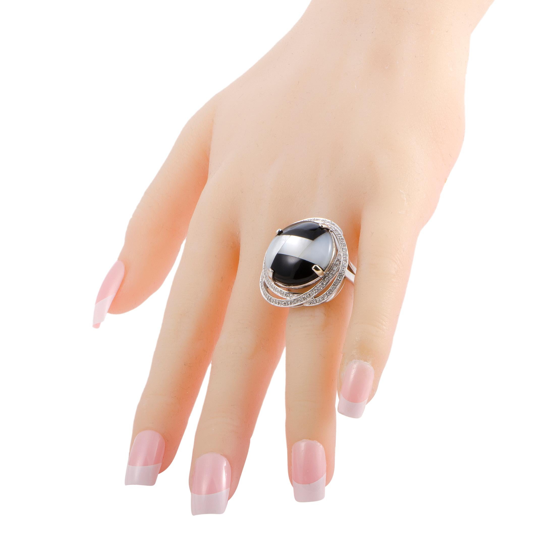Women's Italian Collection 18 Karat White Gold Diamond Onyx and Mother of Pearl Ring