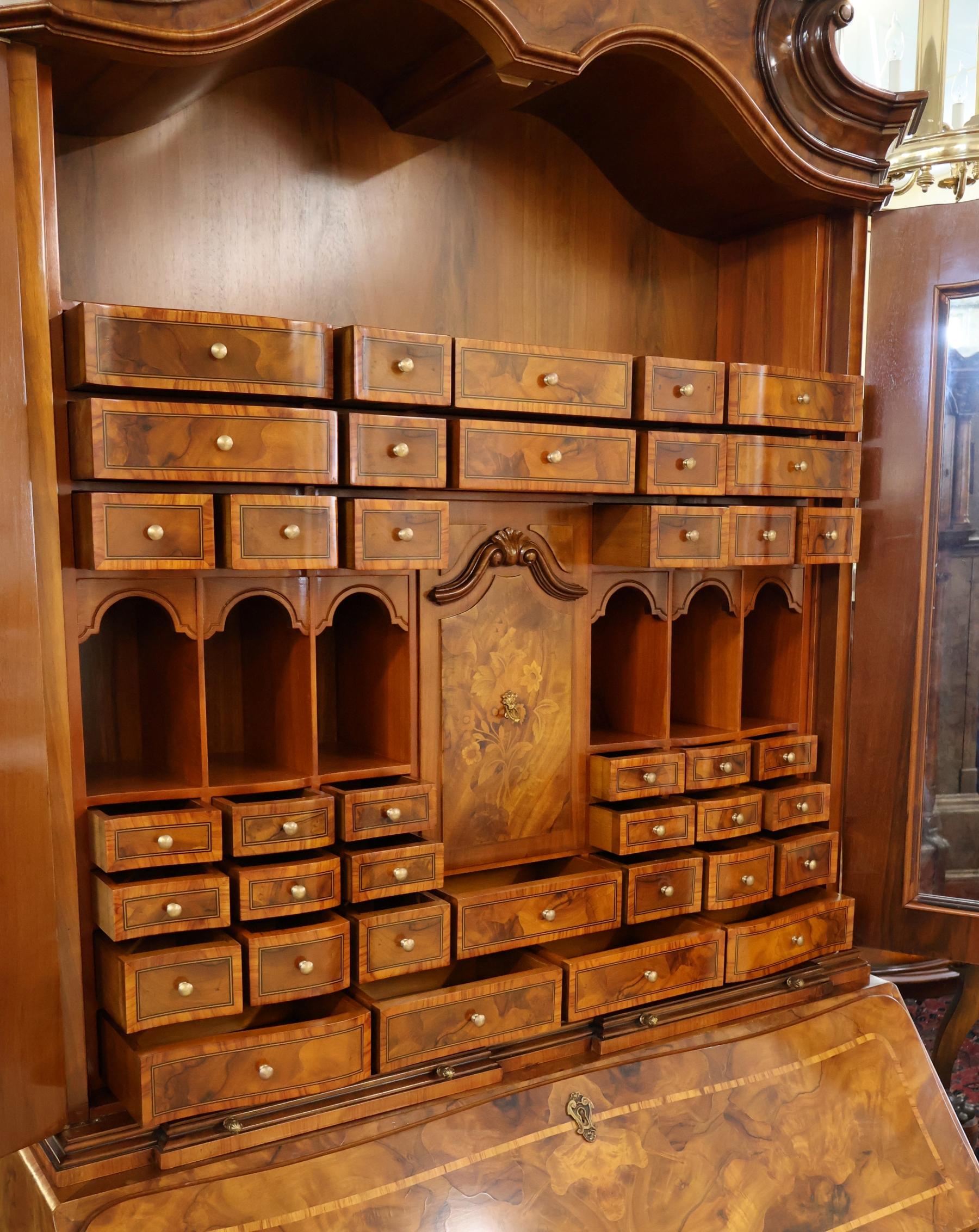 Italian Colombo Mobili Baroque Style Burl Walnut Fitted Interior Secretary Desk For Sale 6