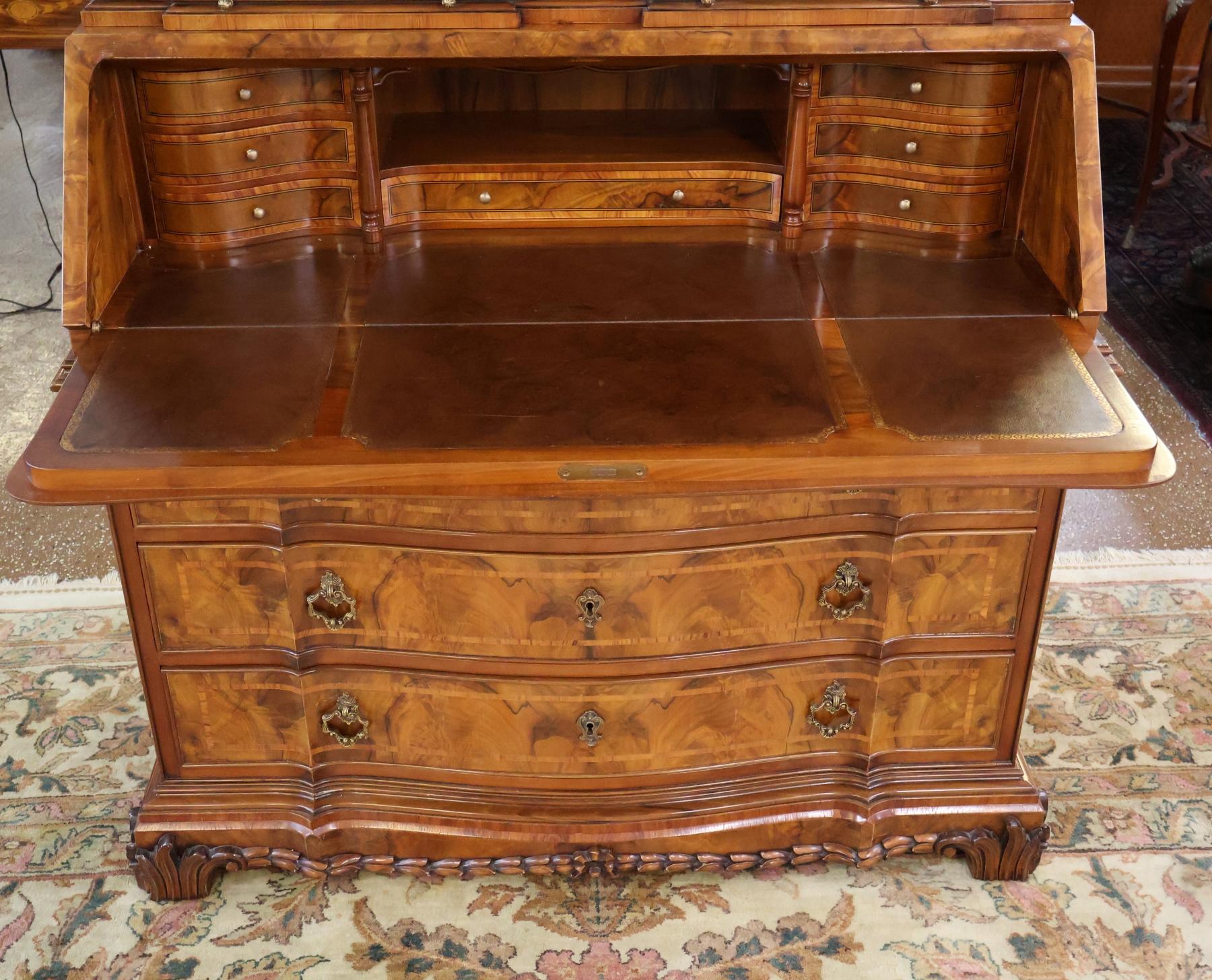 Italian Colombo Mobili Baroque Style Burl Walnut Fitted Interior Secretary Desk For Sale 7