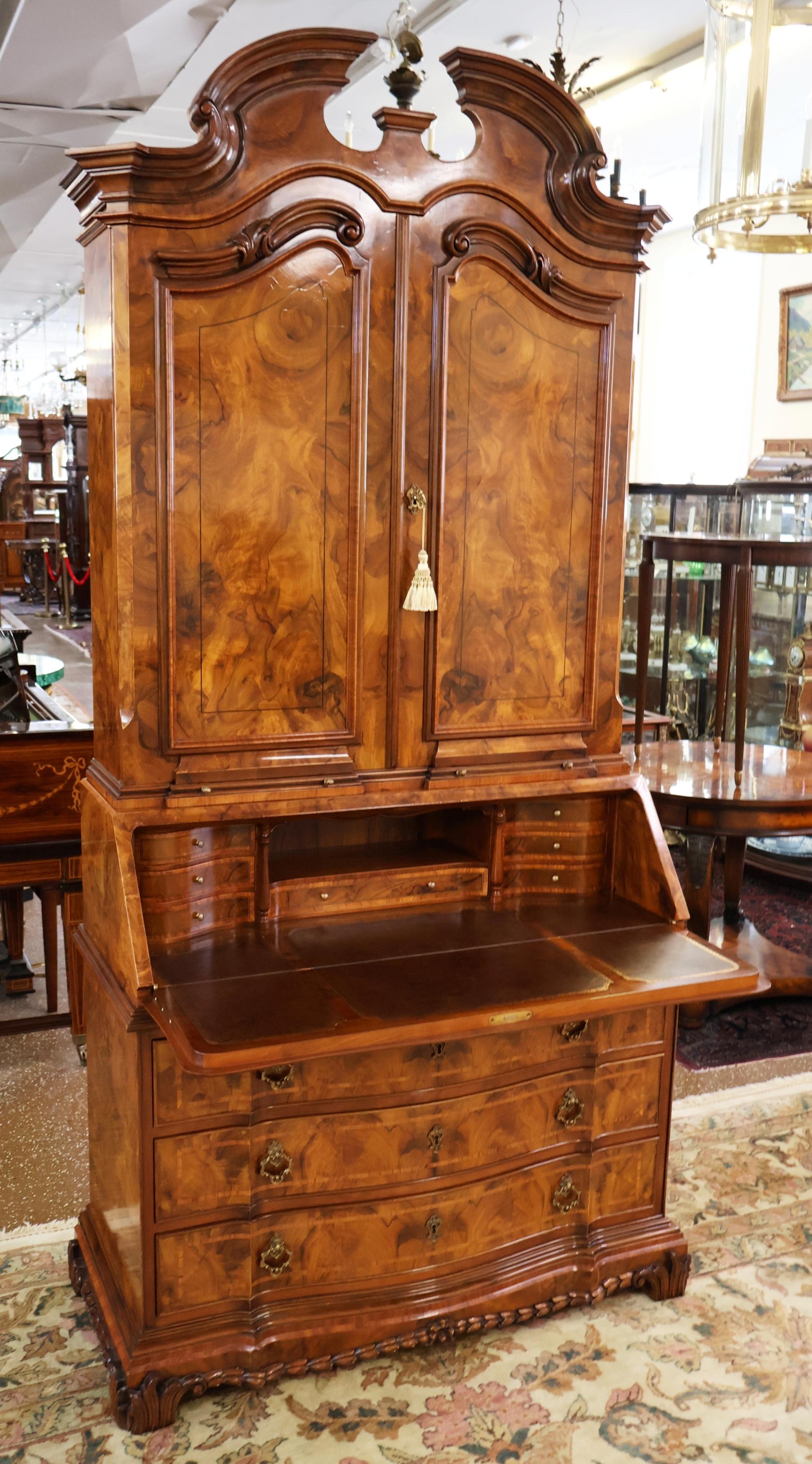 Italian Colombo Mobili Baroque Style Burl Walnut Fitted Interior Secretary Desk For Sale 8