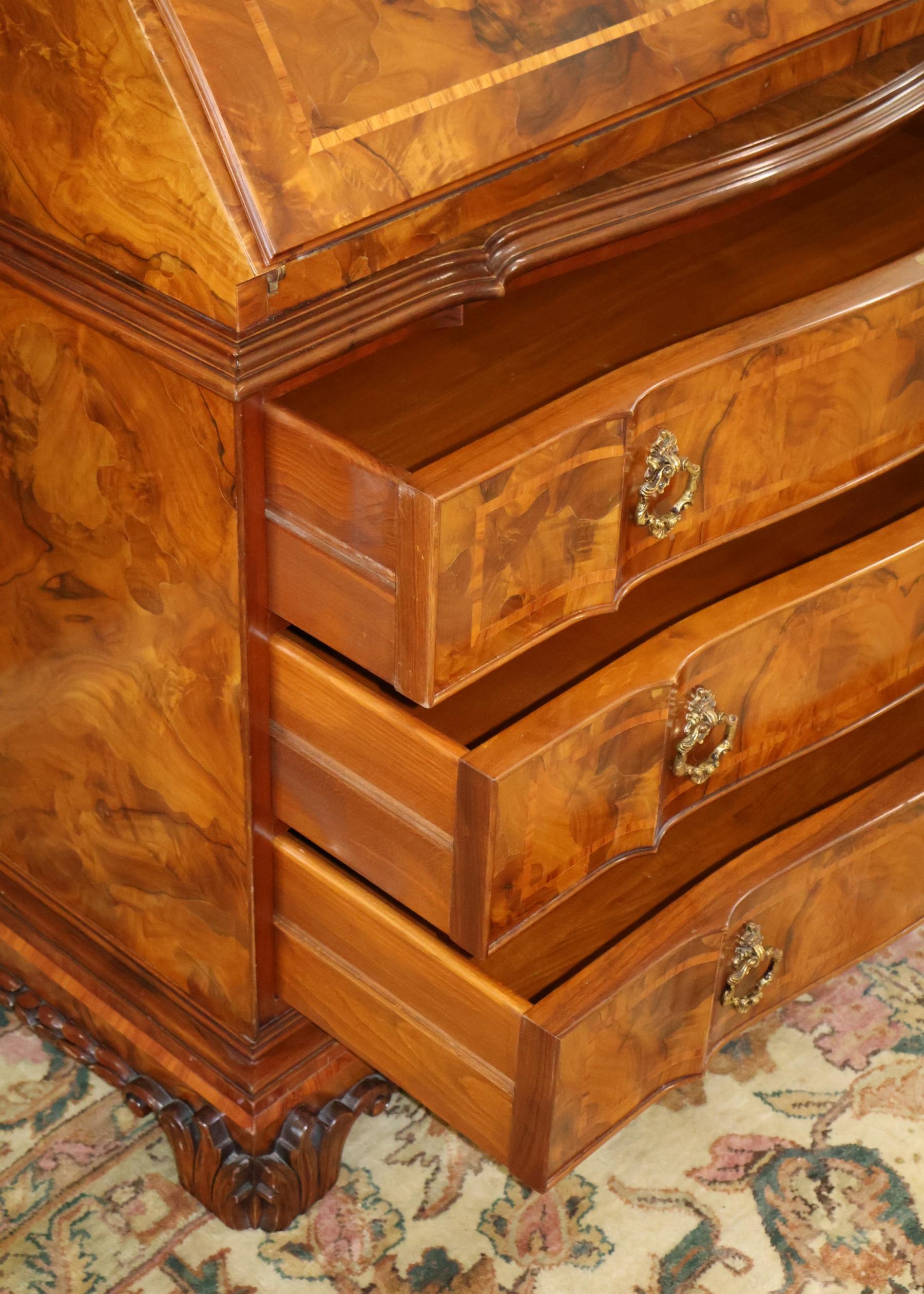 Italian Colombo Mobili Baroque Style Burl Walnut Fitted Interior Secretary Desk For Sale 11