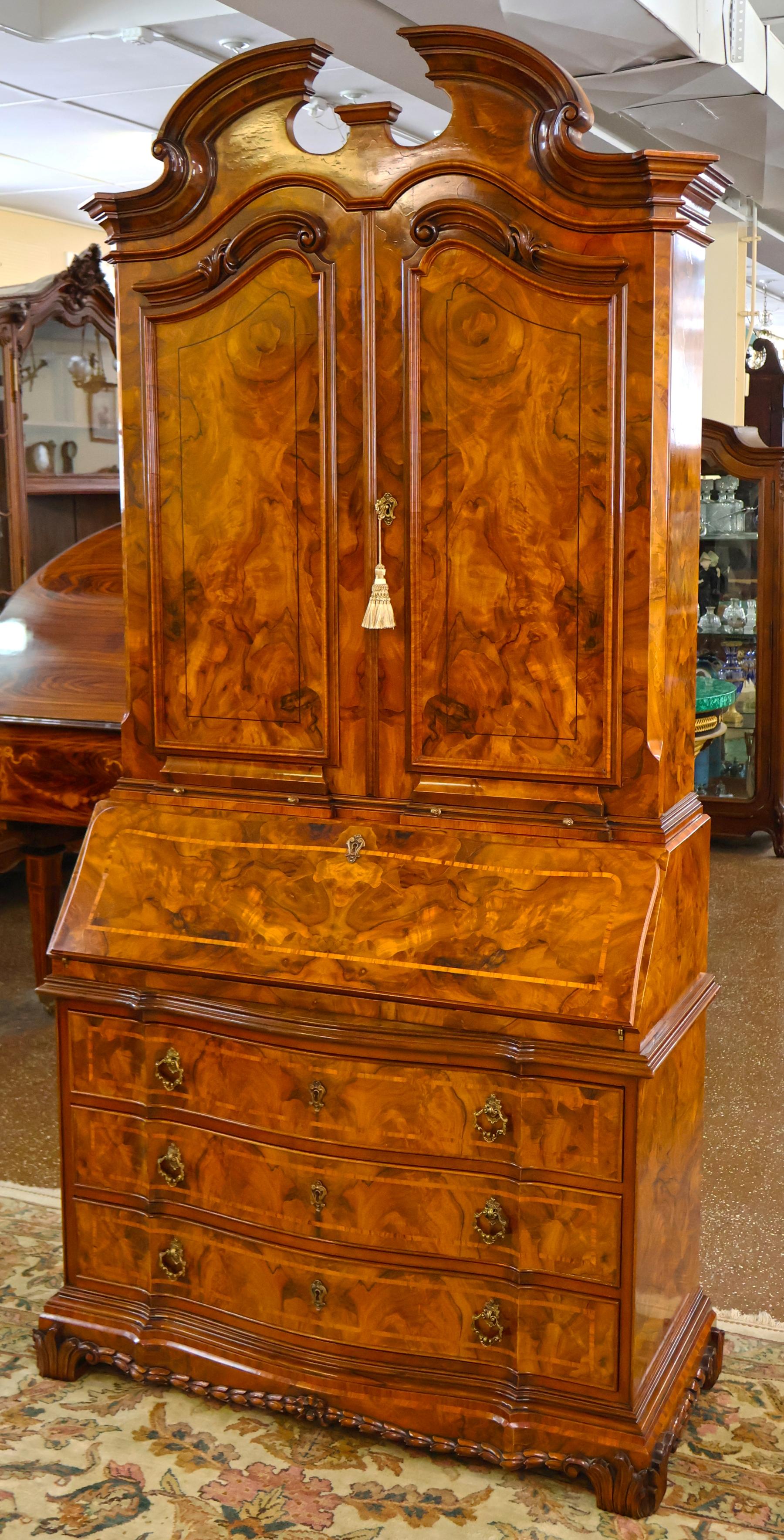 Contemporary Italian Colombo Mobili Baroque Style Burl Walnut Fitted Interior Secretary Desk For Sale