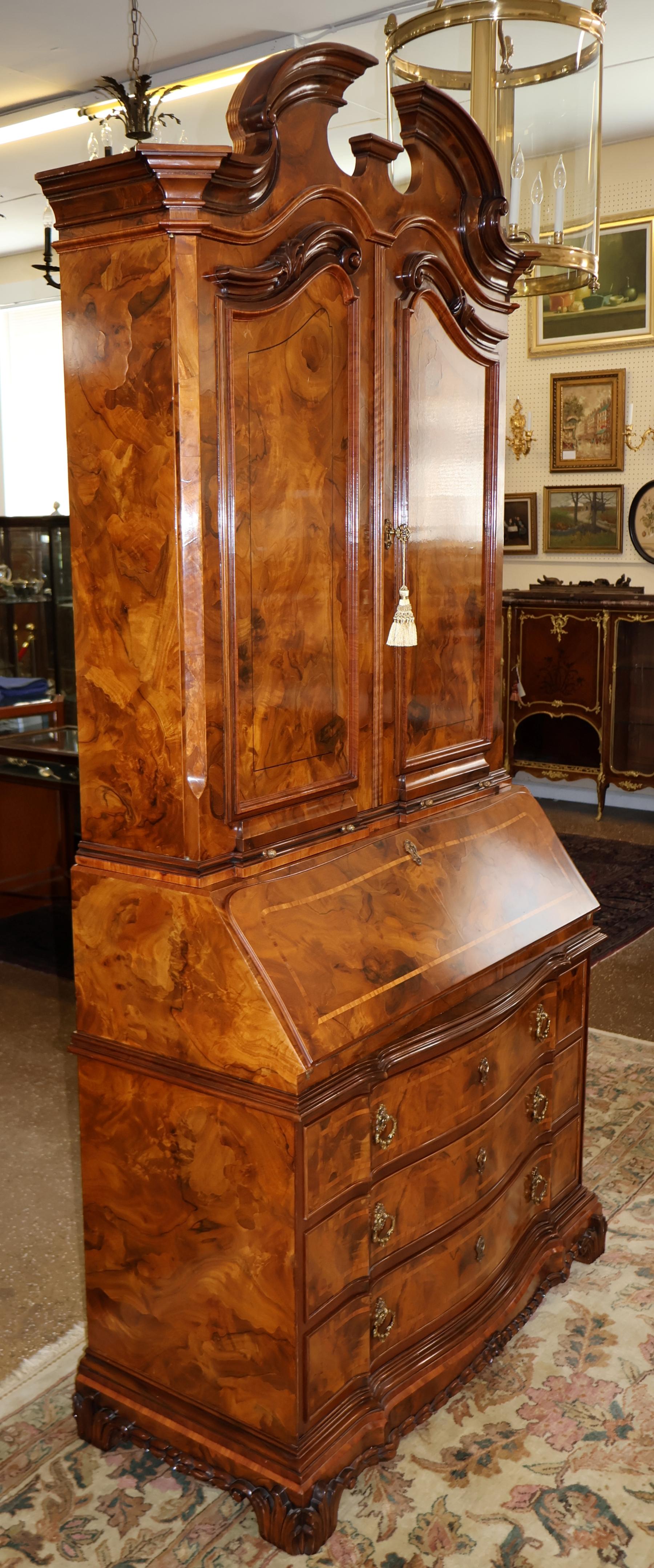 Italian Colombo Mobili Baroque Style Burl Walnut Fitted Interior Secretary Desk For Sale 1