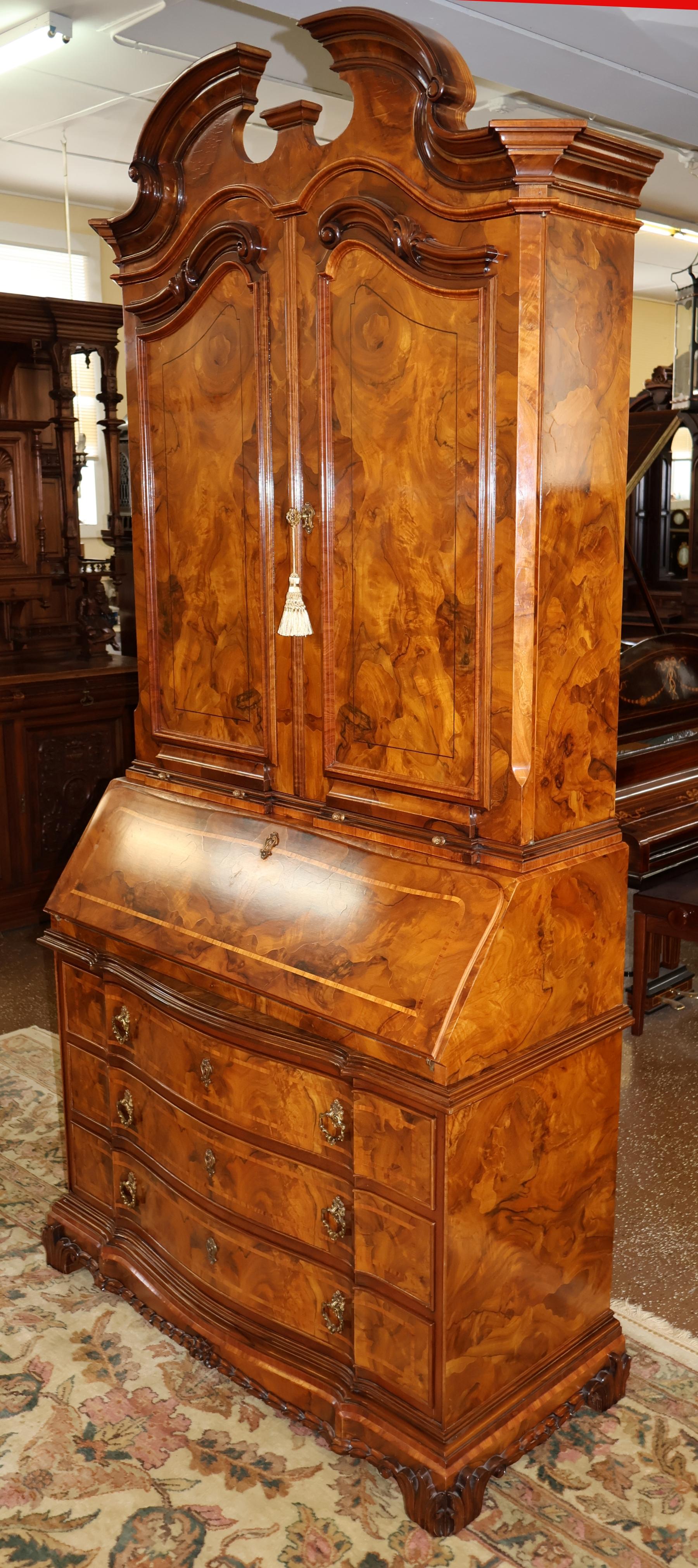 Italian Colombo Mobili Baroque Style Burl Walnut Fitted Interior Secretary Desk For Sale 2