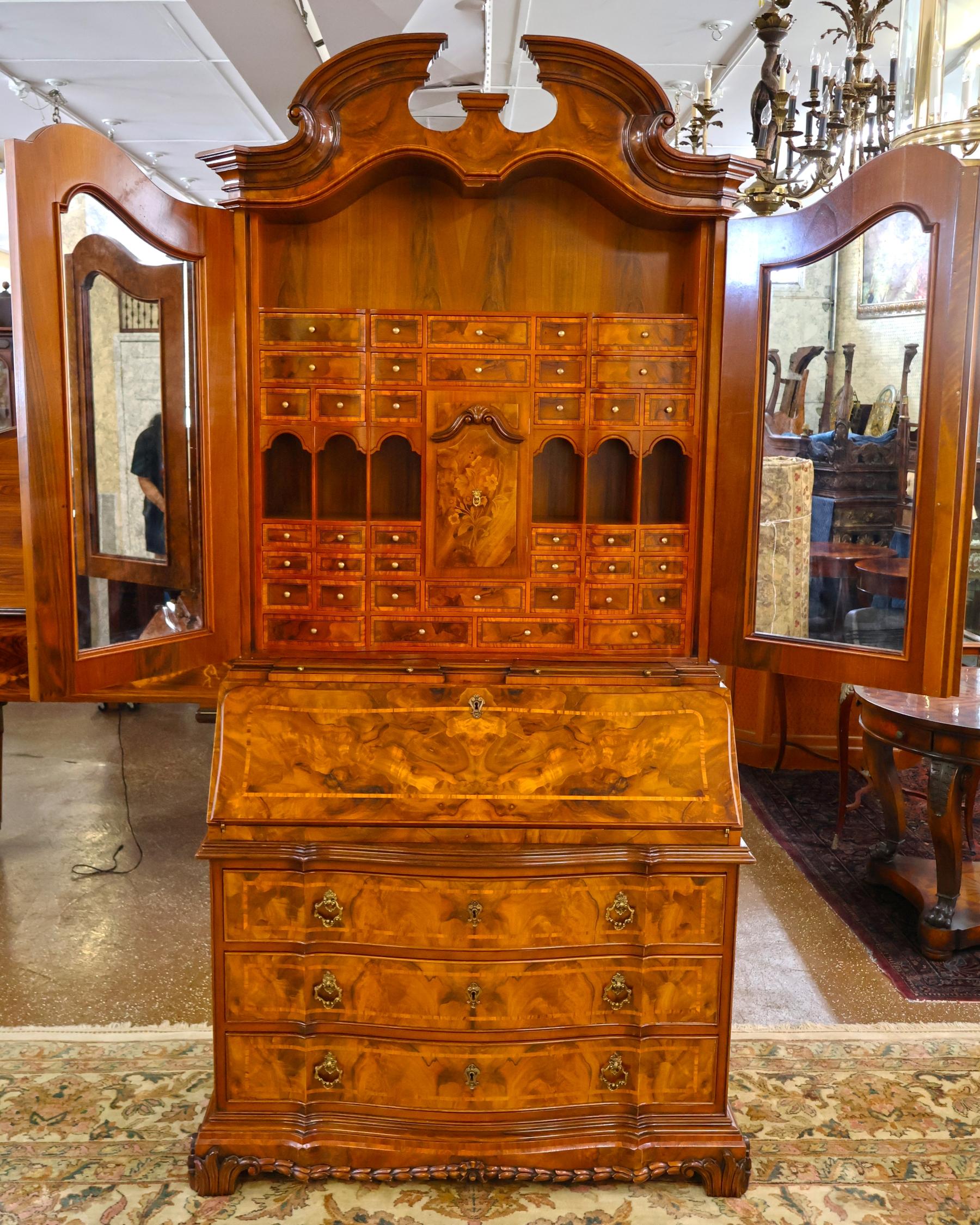 Italian Colombo Mobili Baroque Style Burl Walnut Fitted Interior Secretary Desk For Sale 3