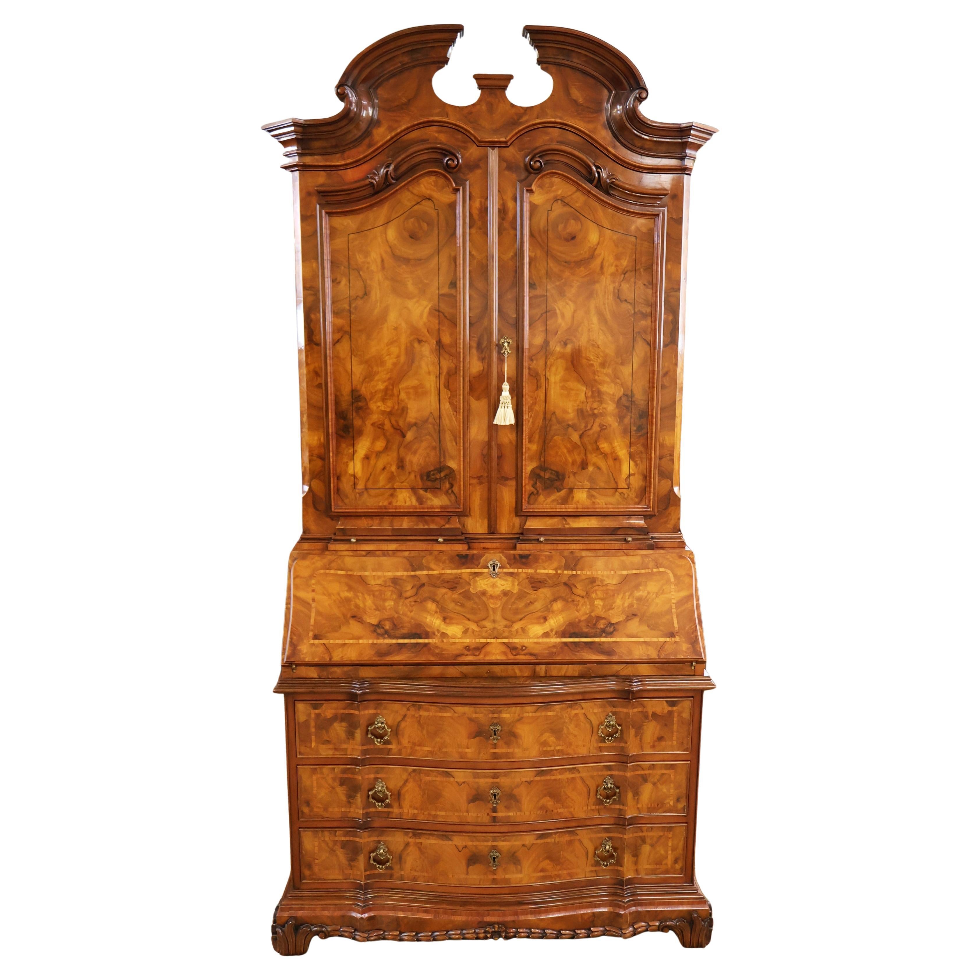 Italian Colombo Mobili Baroque Style Burl Walnut Fitted Interior Secretary Desk For Sale