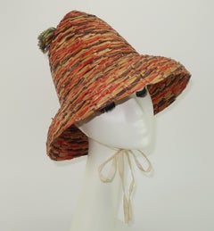 Italian Color Straw Sun Beach Hat With Raffia Pom Poms, 1960's