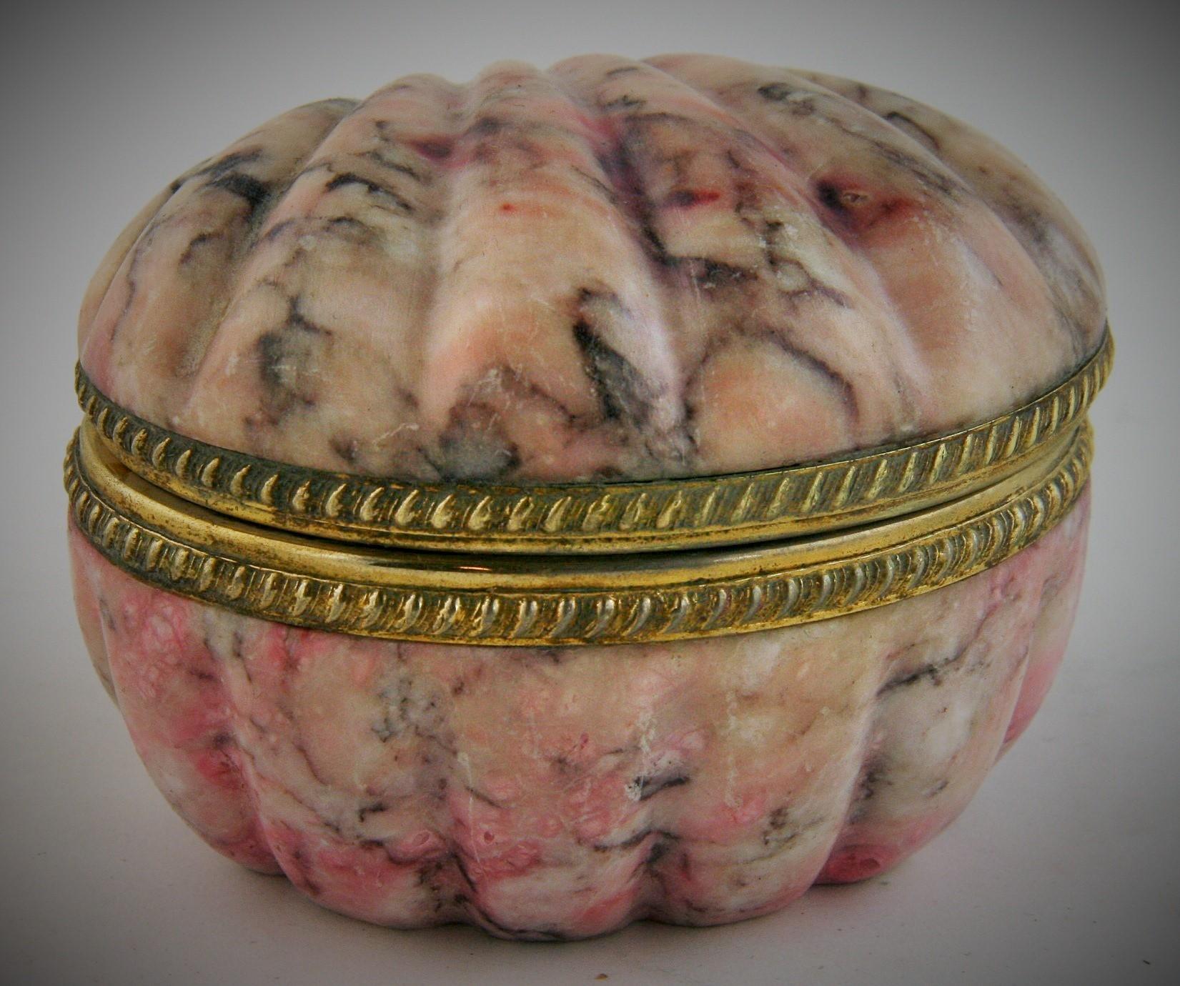 8-244 Italian rose colored marble shell box with embossed brass banding.