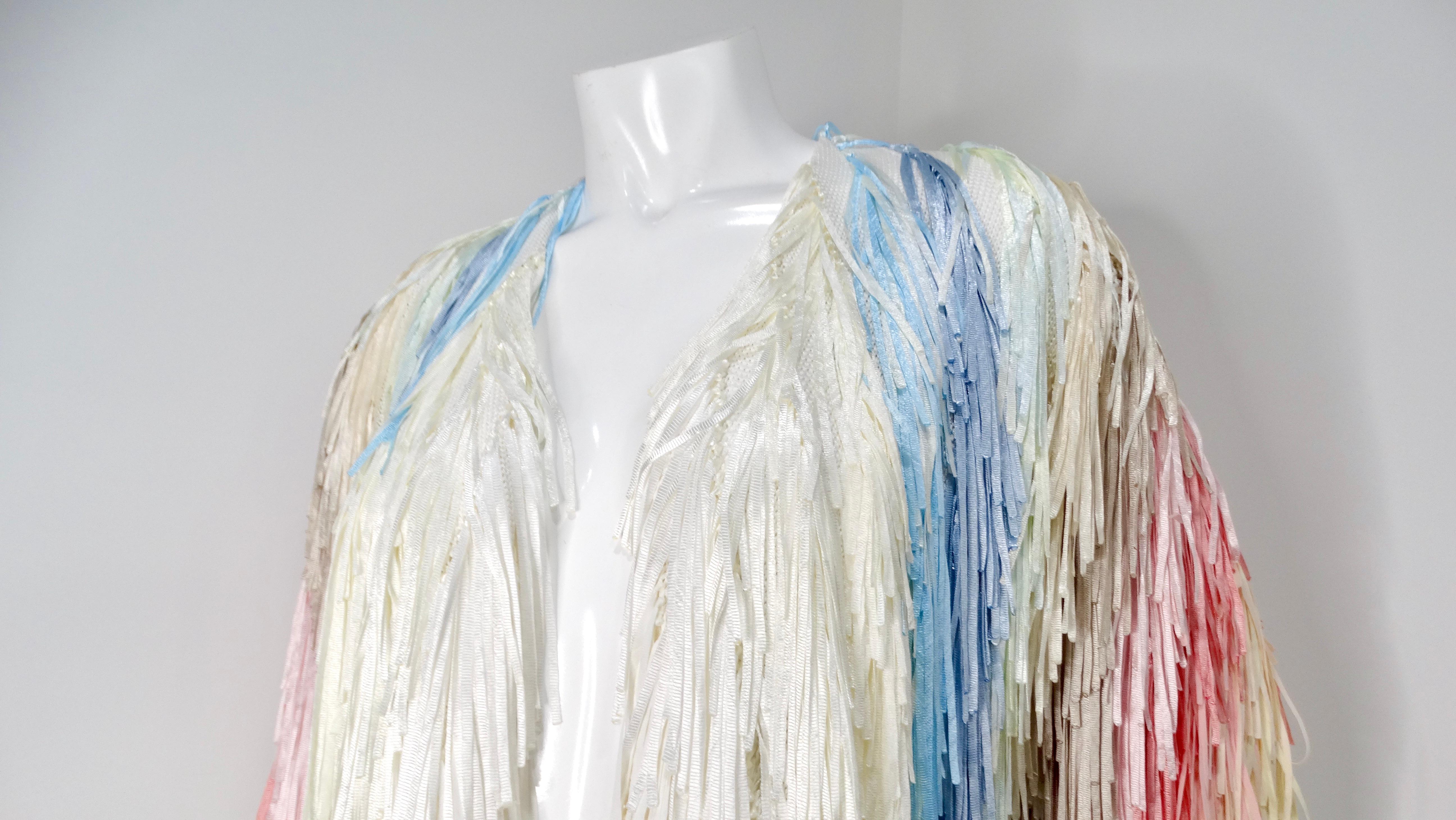 Gray Italian Colorful Pastel Silk Ribbon Fringe Crochet Jacket For Sale