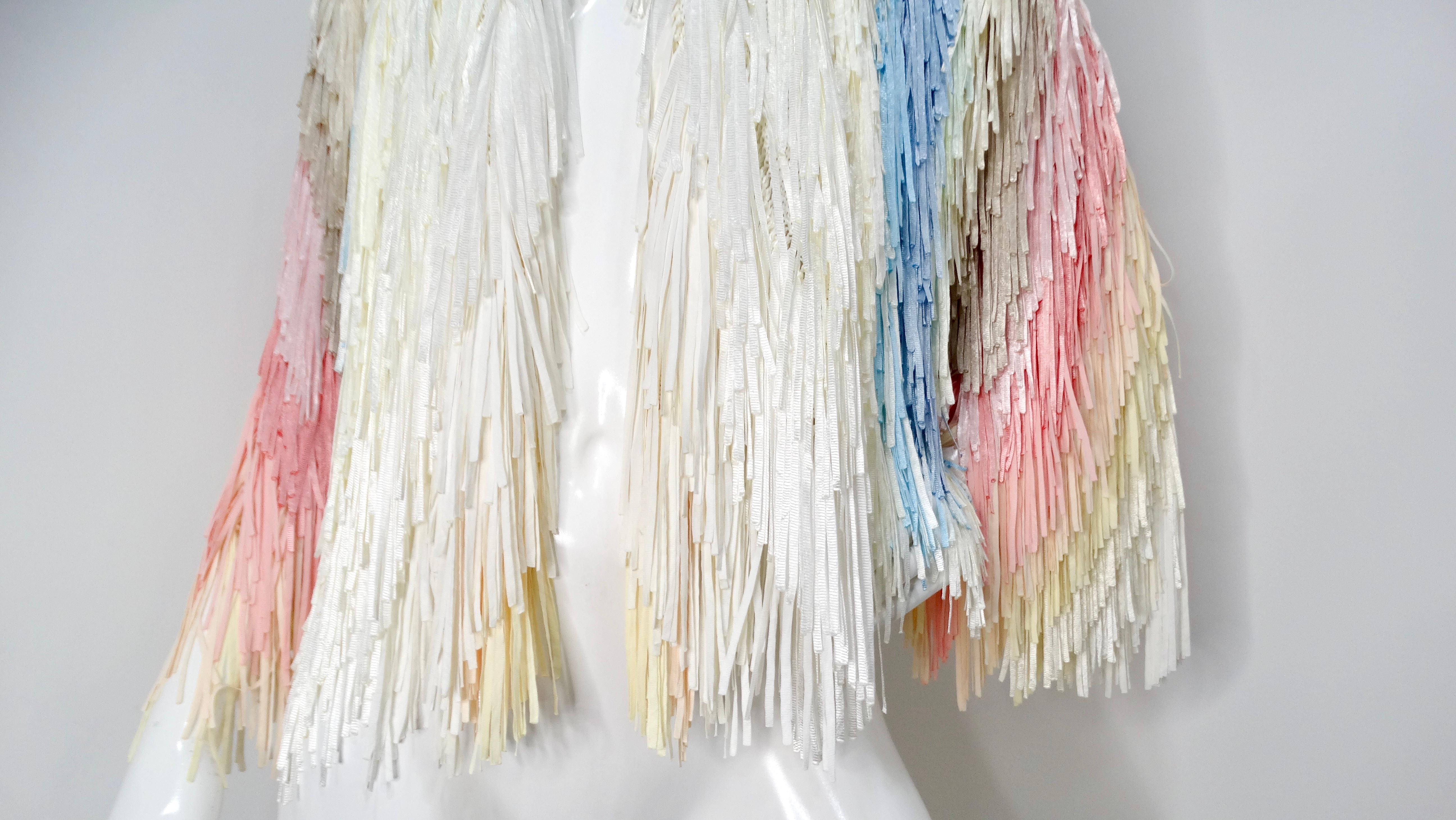 Women's Italian Colorful Pastel Silk Ribbon Fringe Crochet Jacket For Sale