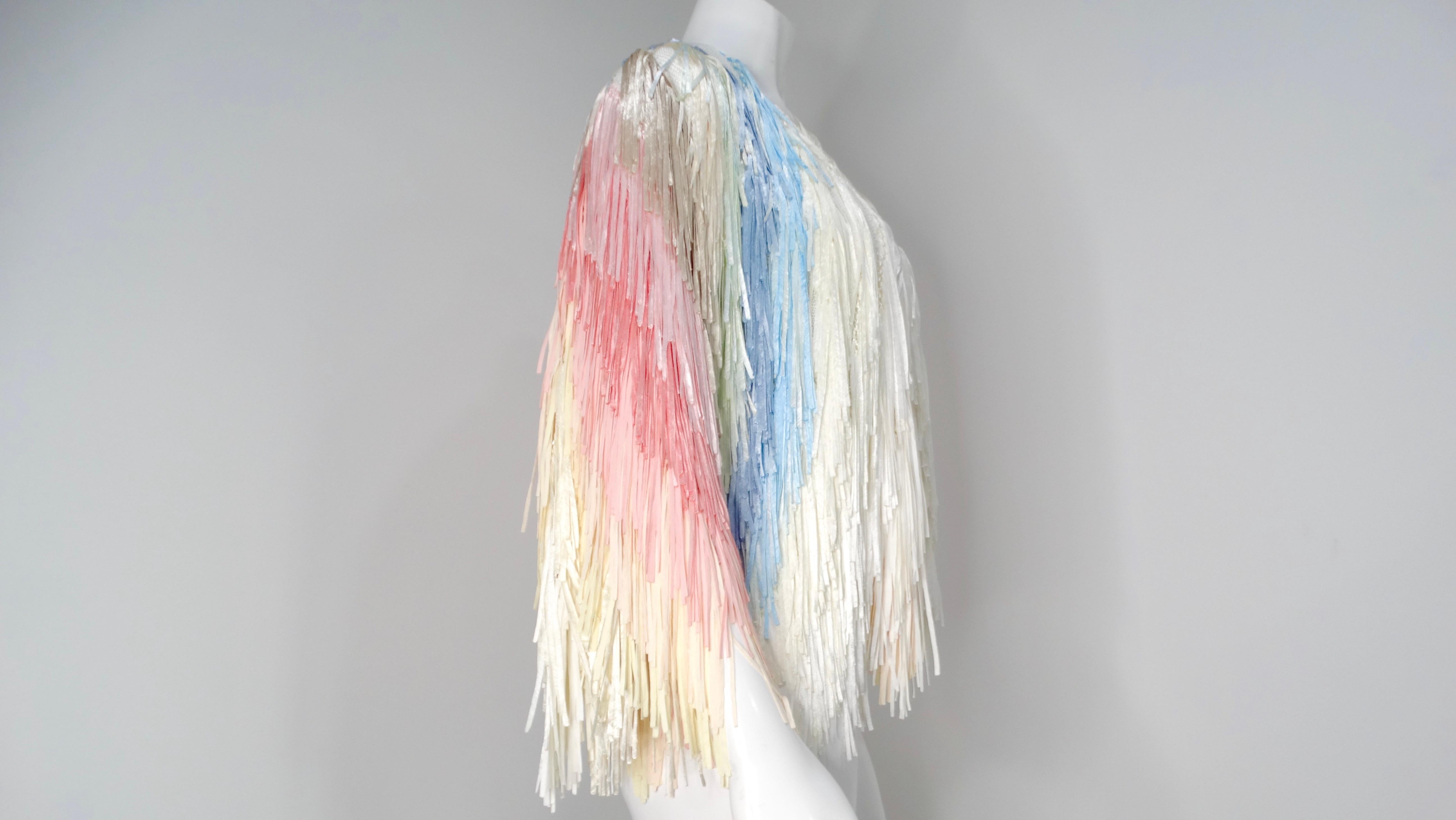Italian Colorful Pastel Silk Ribbon Fringe Crochet Jacket For Sale 1