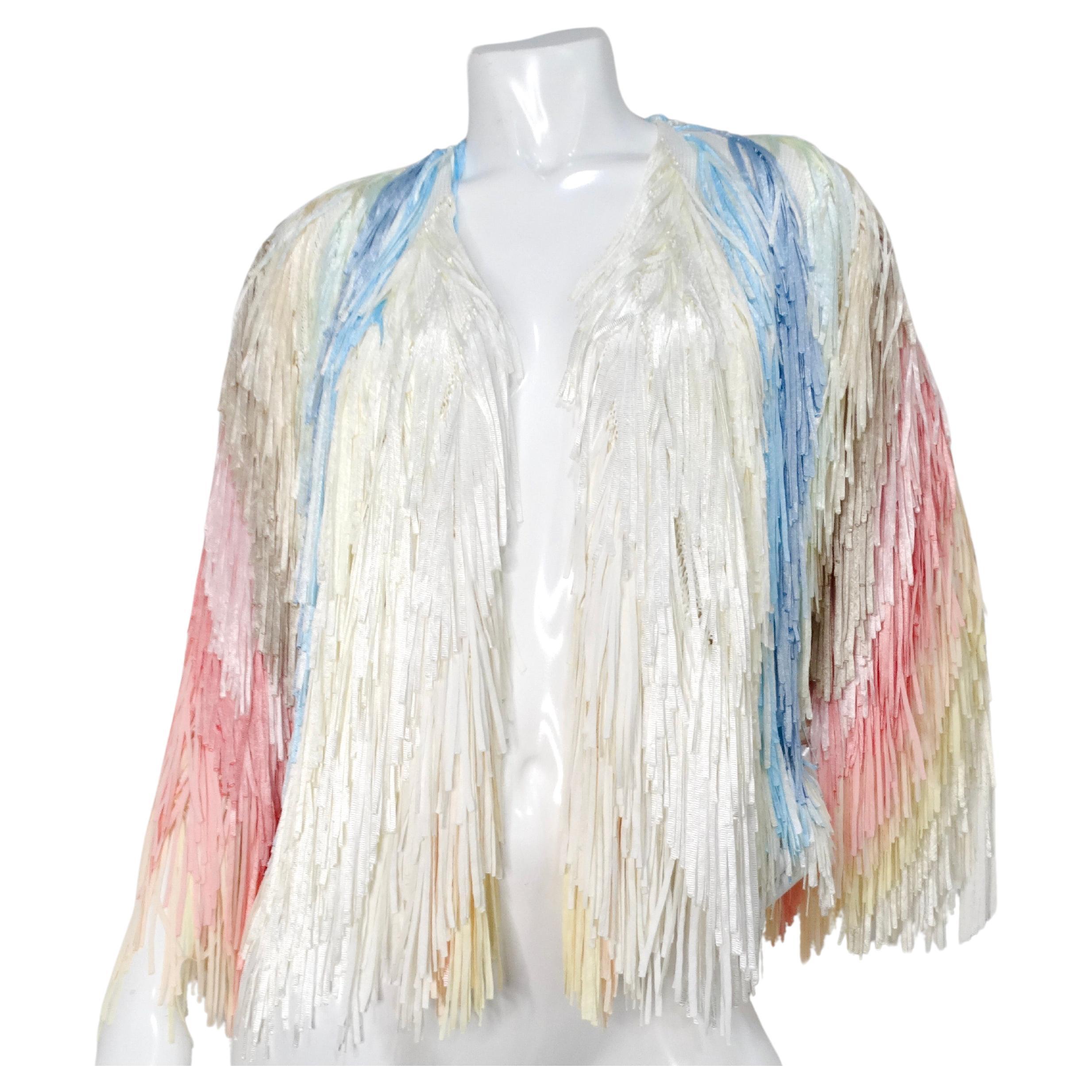 Italian Colorful Pastel Silk Ribbon Fringe Crochet Jacket For Sale