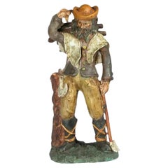 Italian Colorfully Hand-Painted Ceramic Peasant Man Figurine with Wood, Vintage
