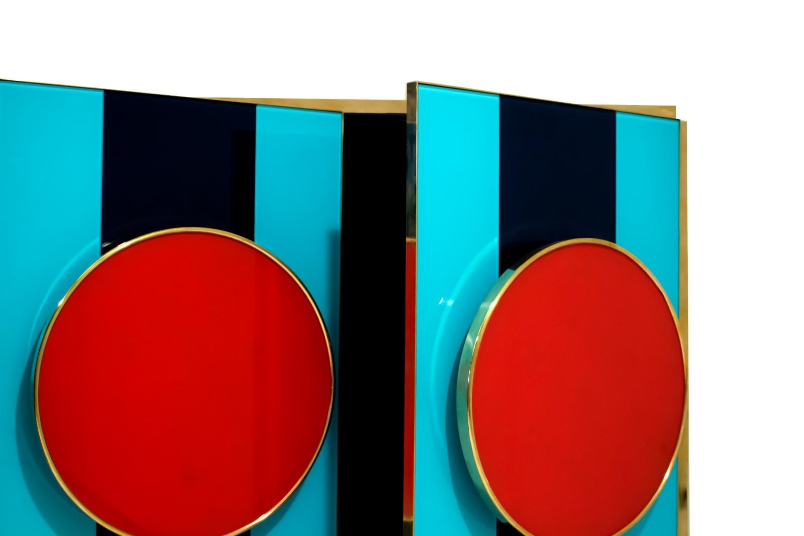Post-Modern Italian Colored Glass and Brass Sideboard or Credenza