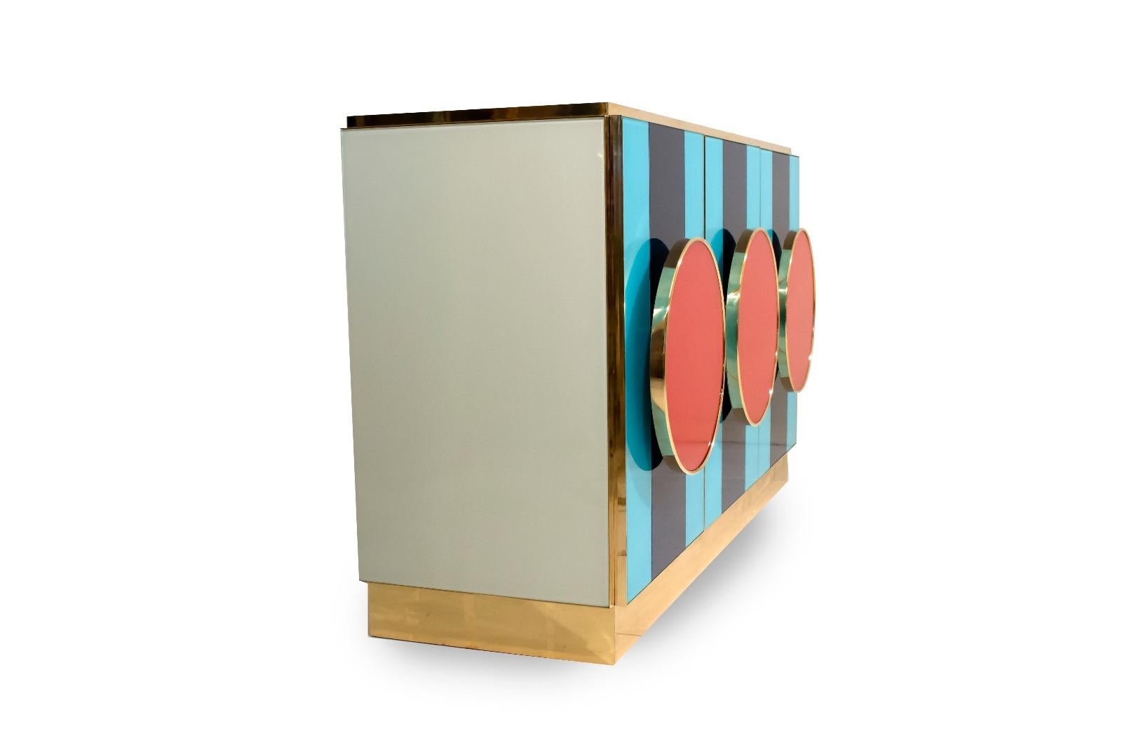 Contemporary Italian Colored Glass and Brass Sideboard or Credenza