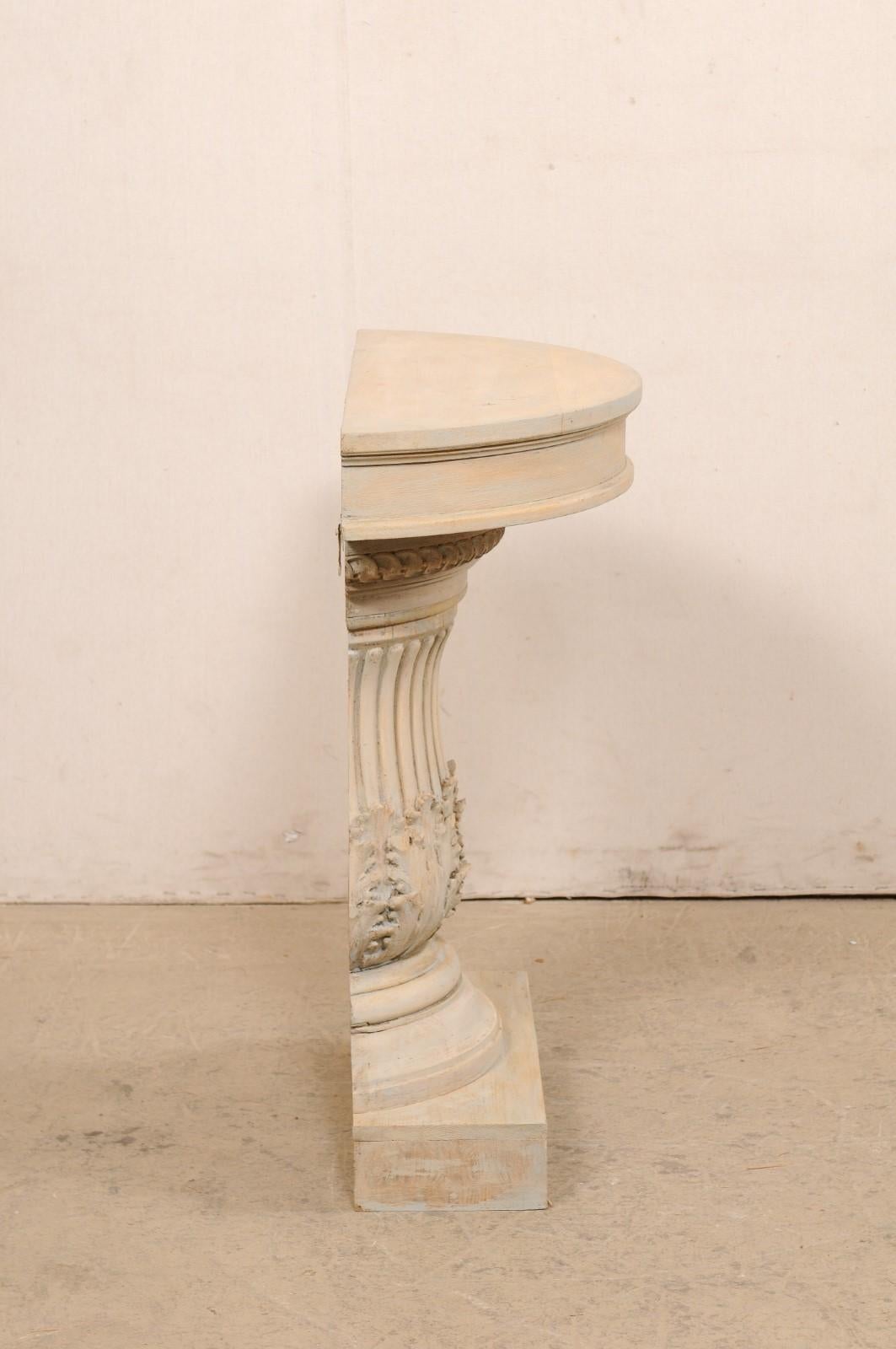 20th Century Italian Column-Style Demi Wall Console, Flute & Leaf Carved Accents For Sale