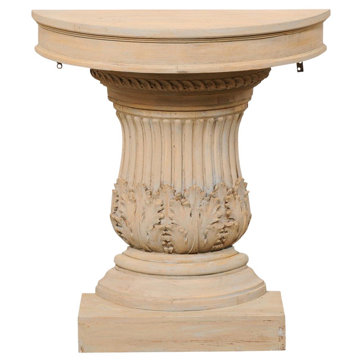 Italian Column-Style Demi Wall Console, Flute & Leaf Carved Accents For Sale