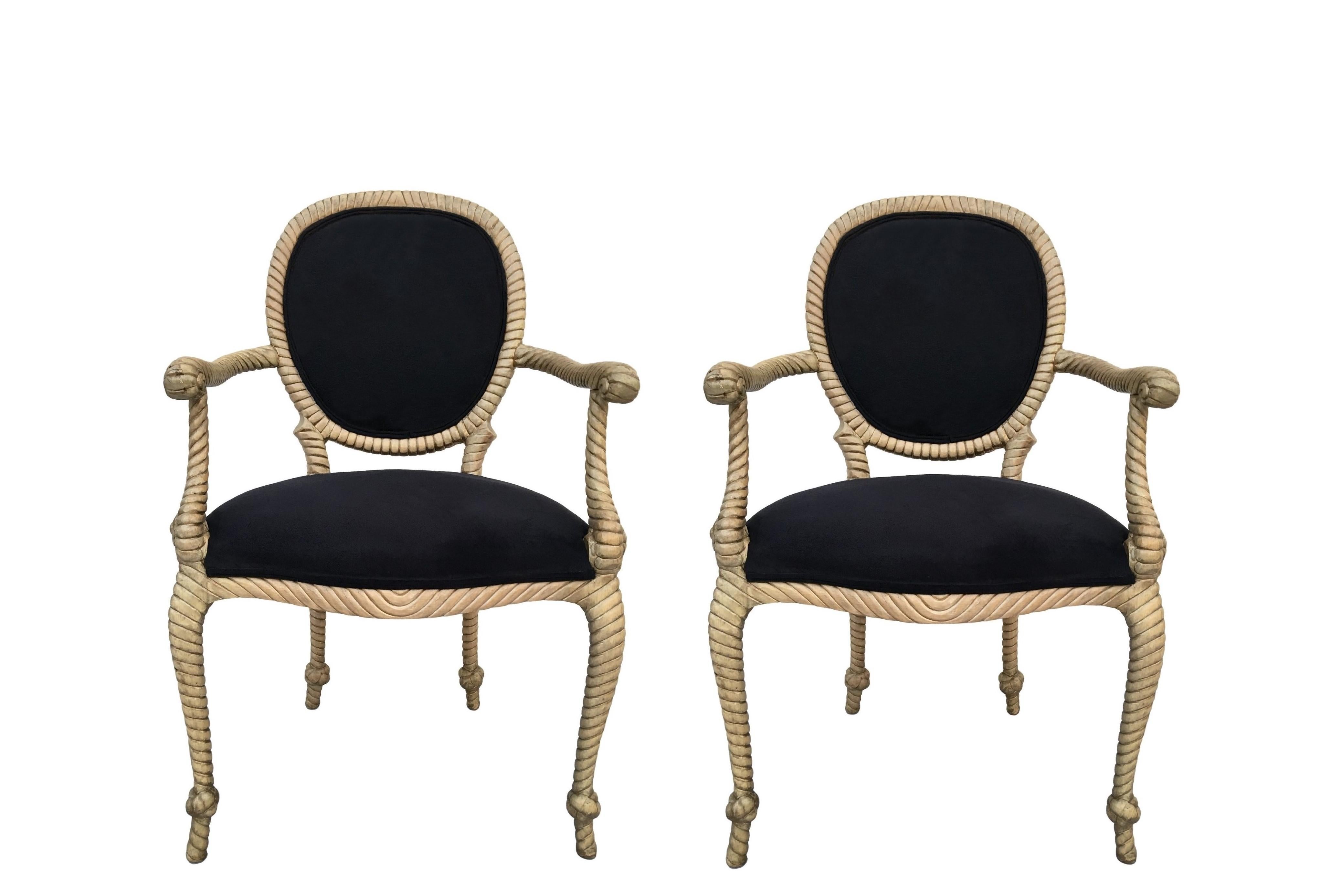 Vintage Napoleon III style dining chairs. Featured in a solid wood with a light white washed wood finish. Each having frames carved to resemble rope, with knots on arms and above each tassel foot, professionally upholstered rounded back and