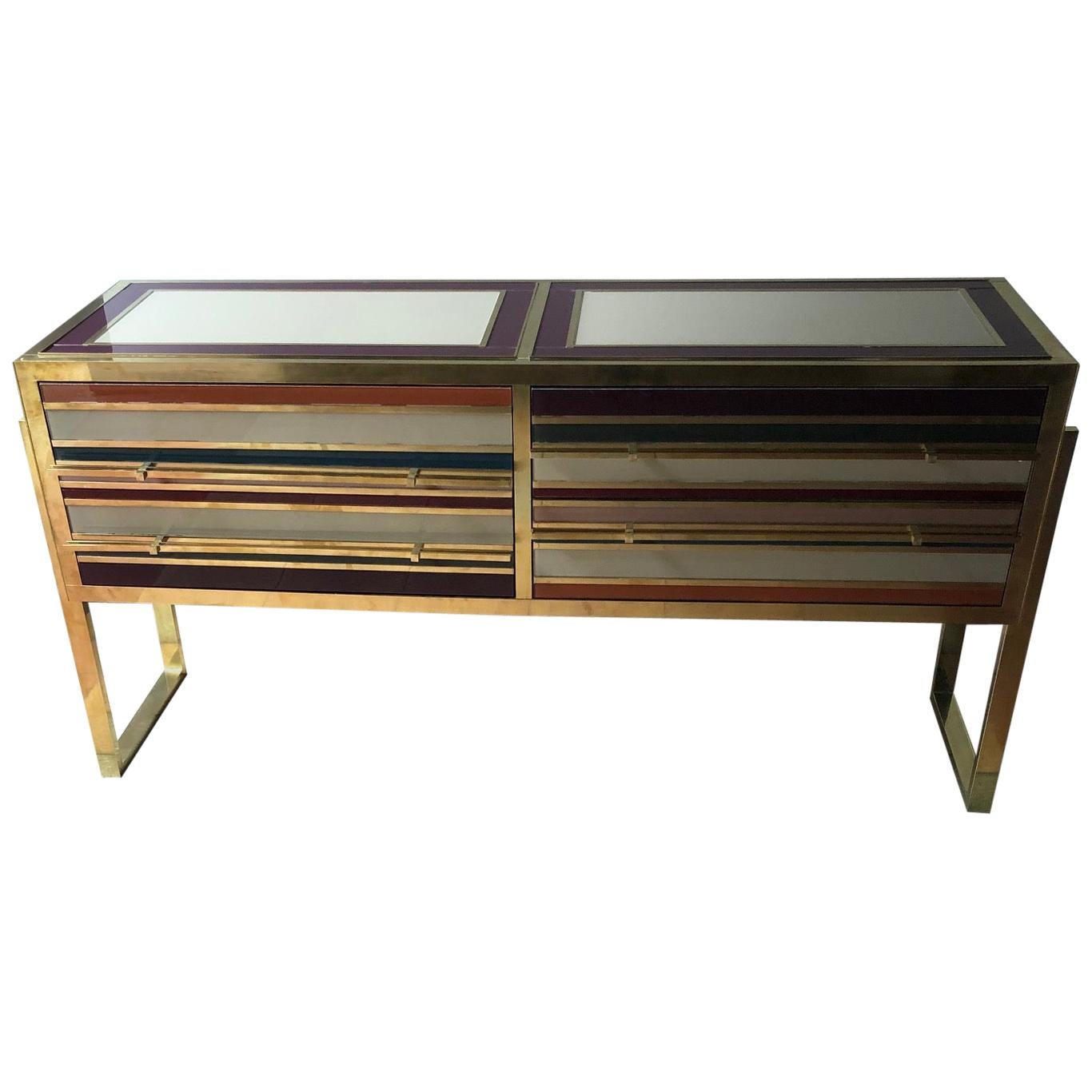 Italian Commode in Tinted Glass and Brass with Four Drawers