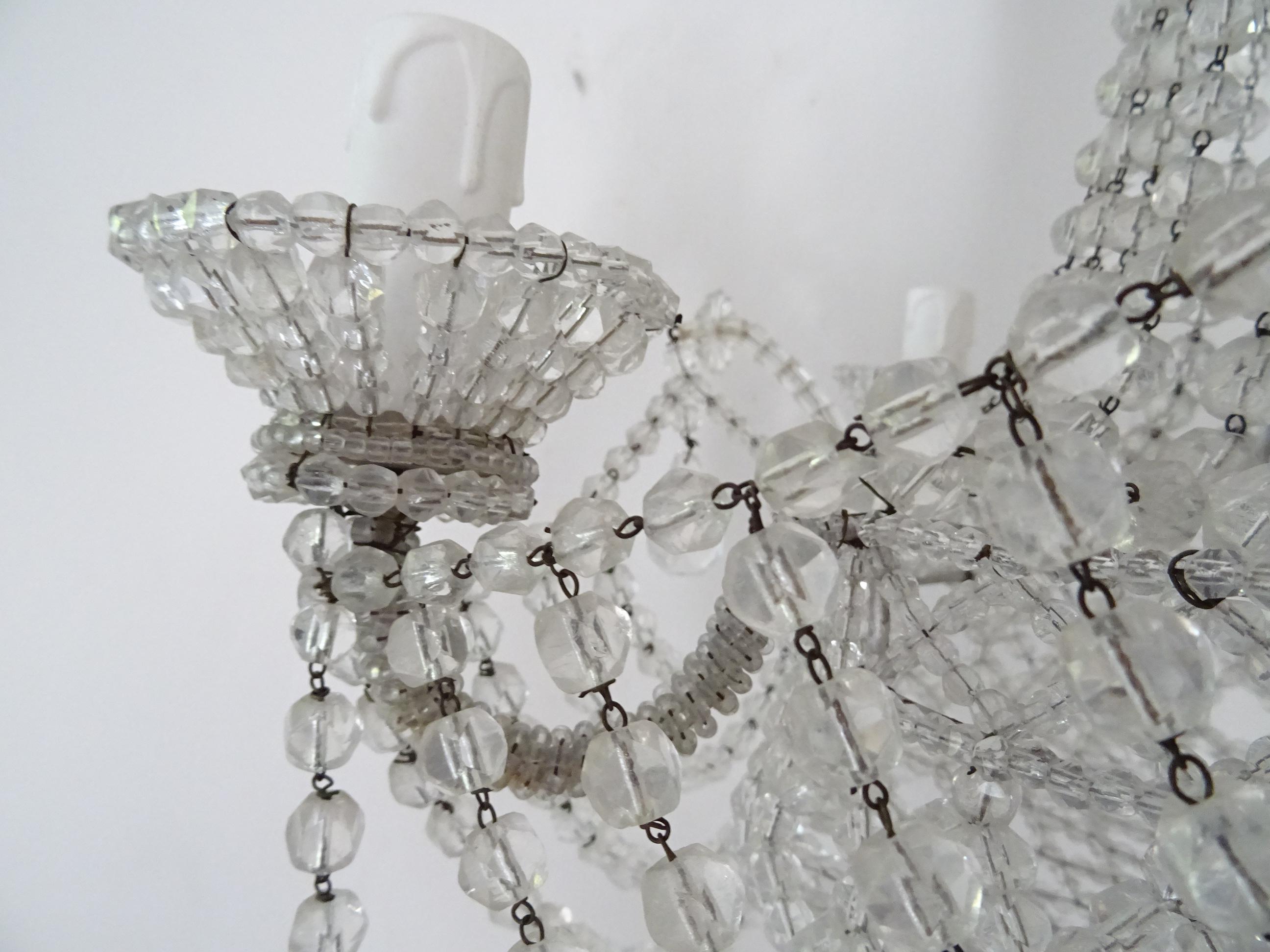 Italian Completely Beaded Basket Crystal Prisms Silver Chandelier, c 1940 For Sale 4