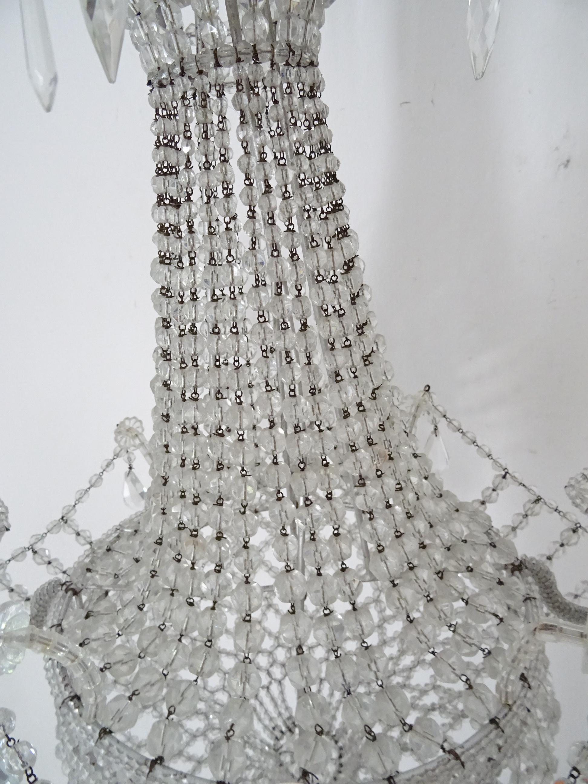 Italian Completely Beaded Basket Crystal Prisms Silver Chandelier, c 1940 For Sale 6