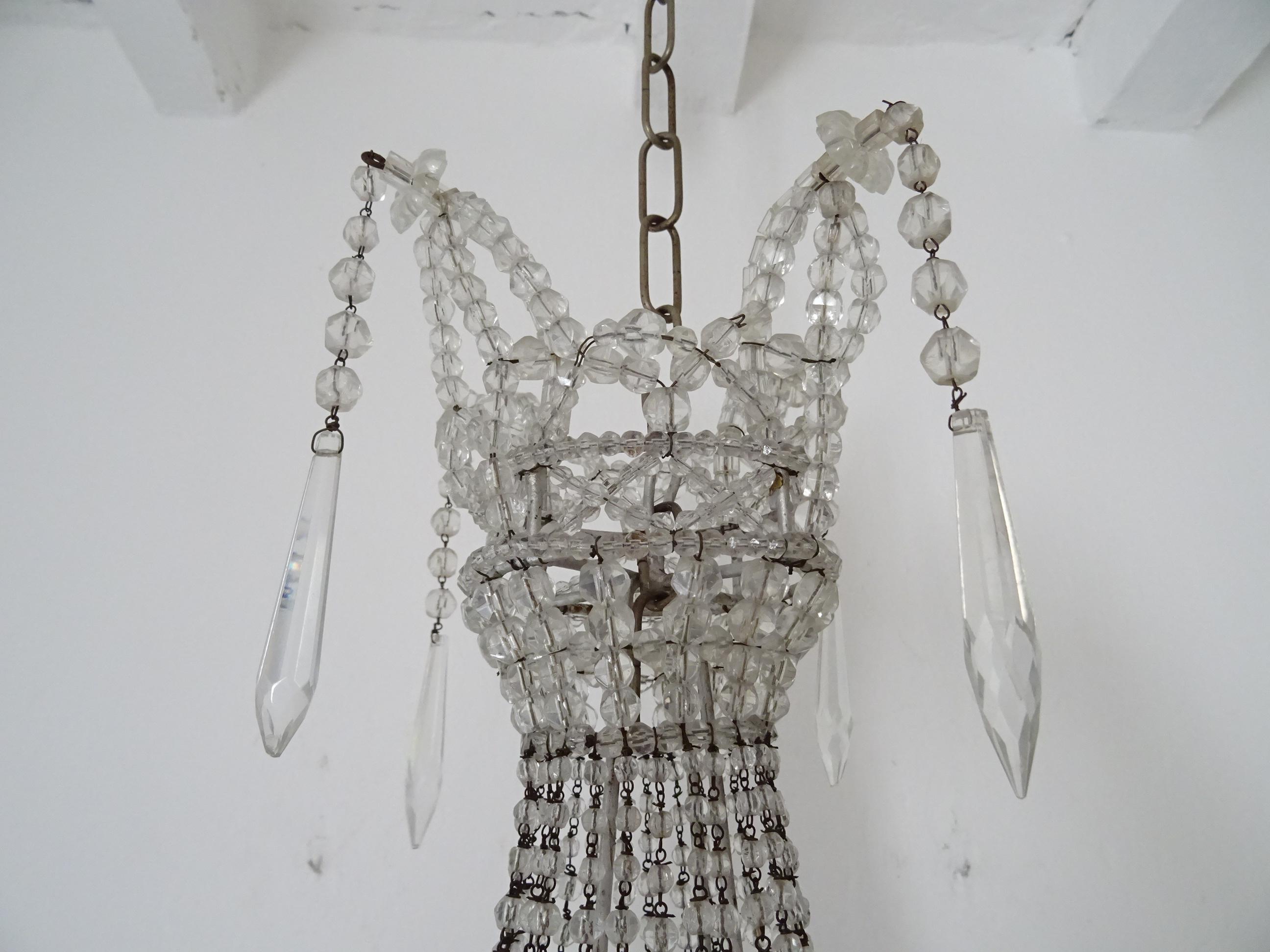 Empire Italian Completely Beaded Basket Crystal Prisms Silver Chandelier, c 1940 For Sale
