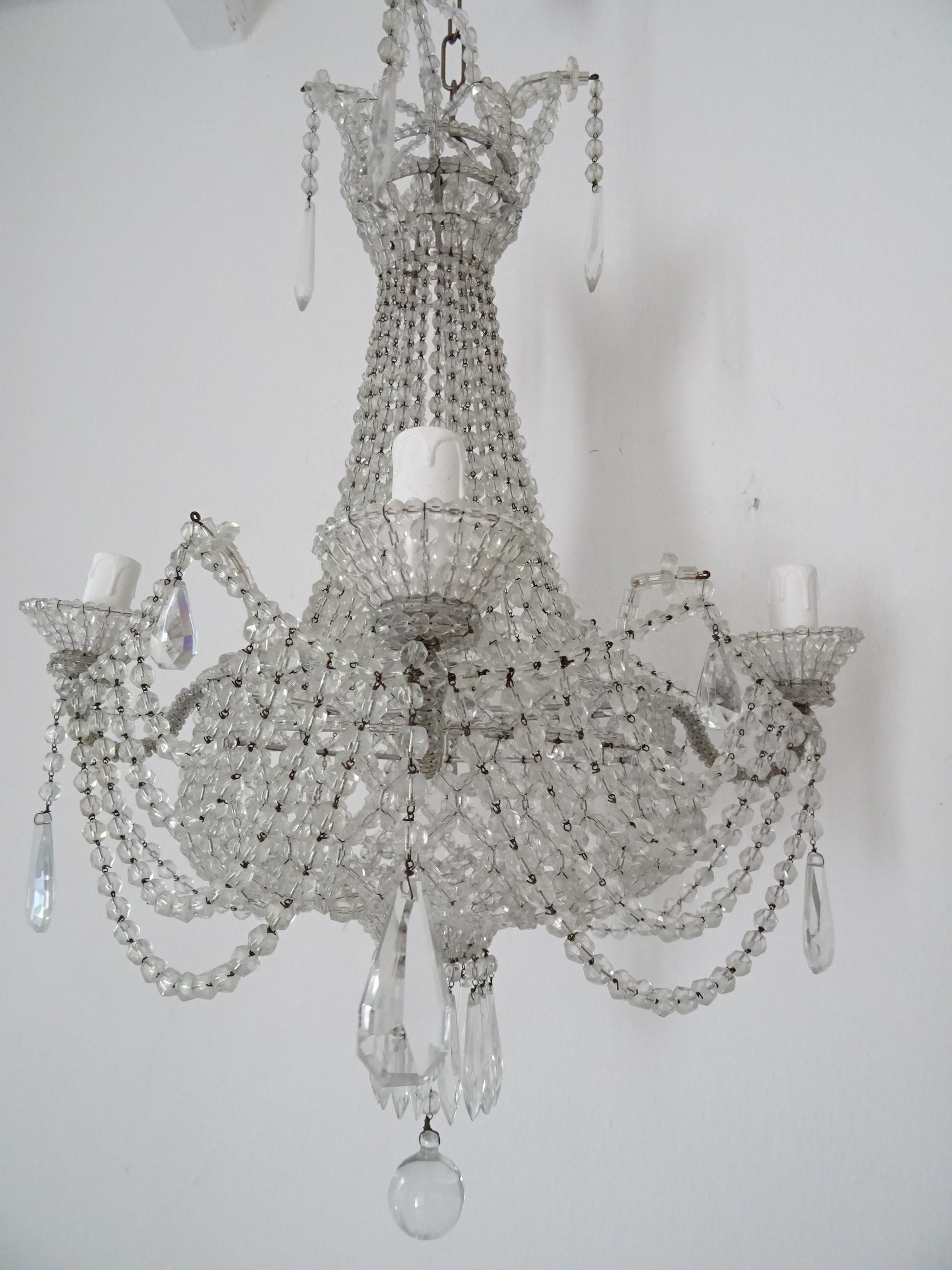 Italian Completely Beaded Basket Crystal Prisms Silver Chandelier, c 1940 In Good Condition For Sale In Modena (MO), Modena (Mo)