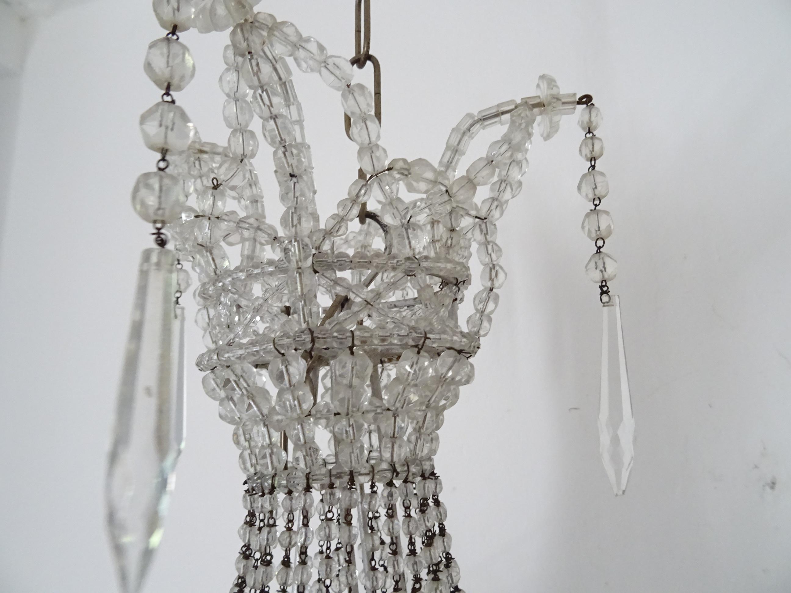 Italian Completely Beaded Basket Crystal Prisms Silver Chandelier, c 1940 For Sale 1