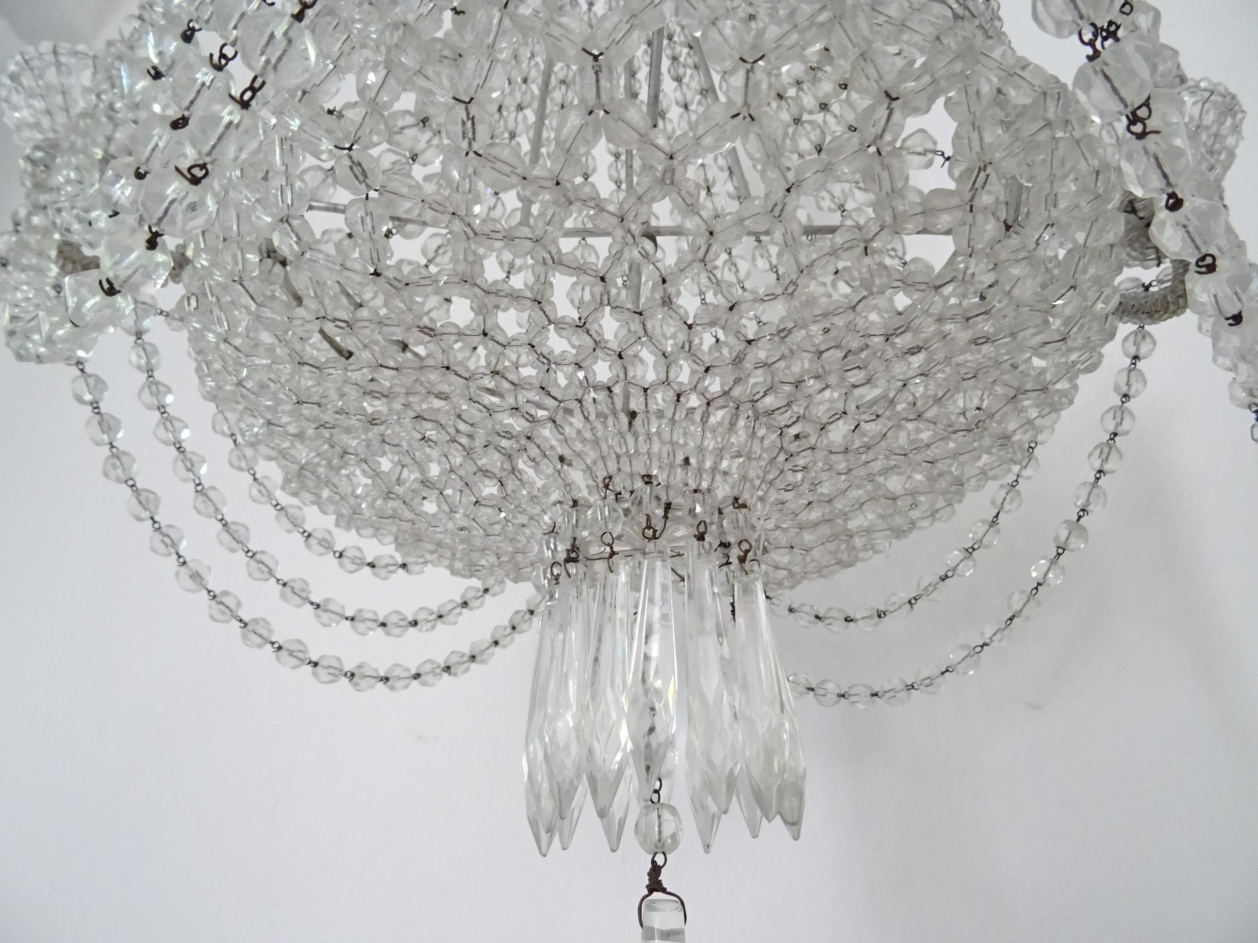 Italian Completely Beaded Basket Crystal Prisms Silver Chandelier, c 1940 For Sale 2