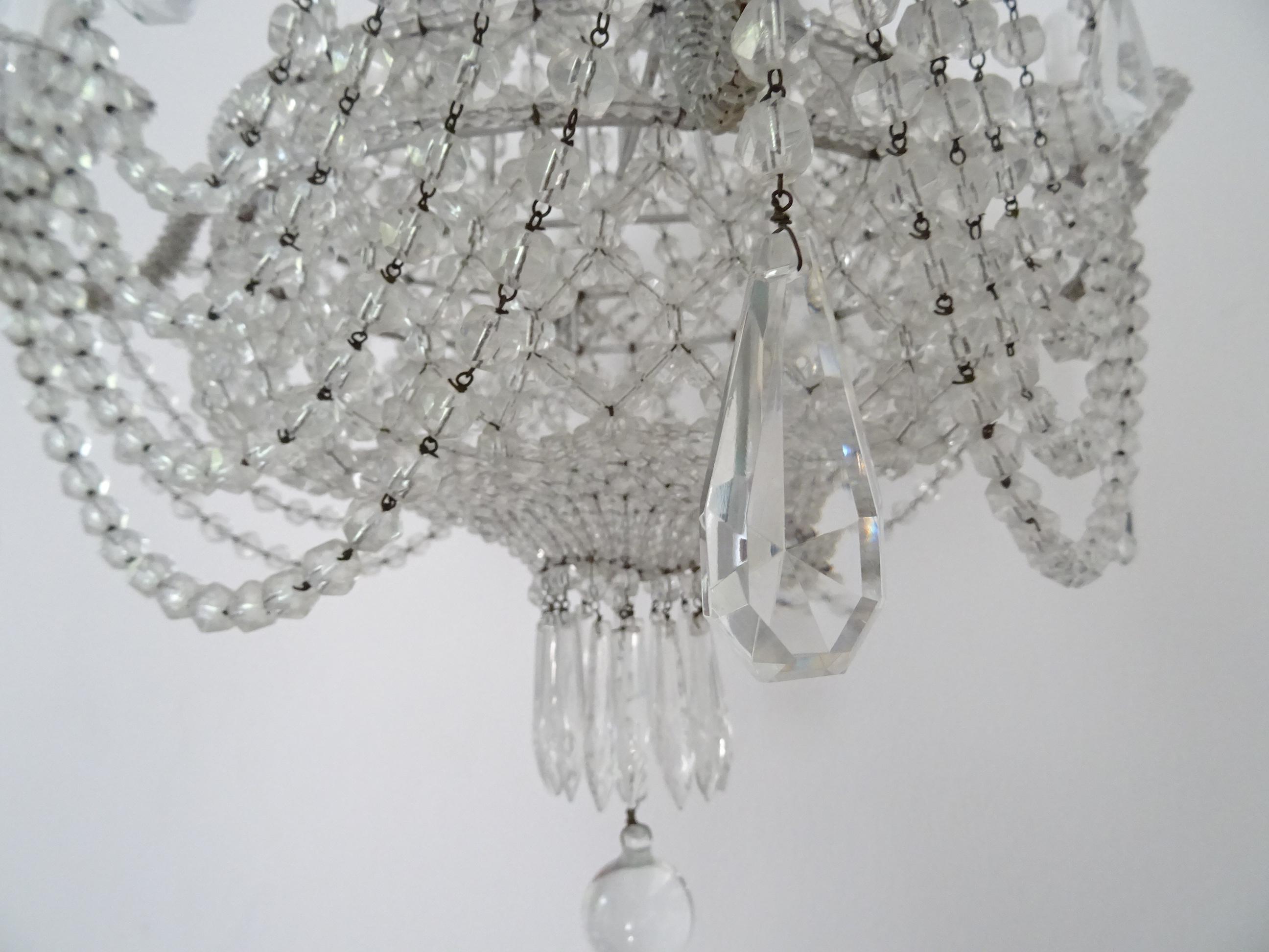 Italian Completely Beaded Basket Crystal Prisms Silver Chandelier, c 1940 For Sale 3