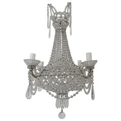 Lampadario italiano in argento con cesto di perline e prismi di cristallo, 1940 ca.