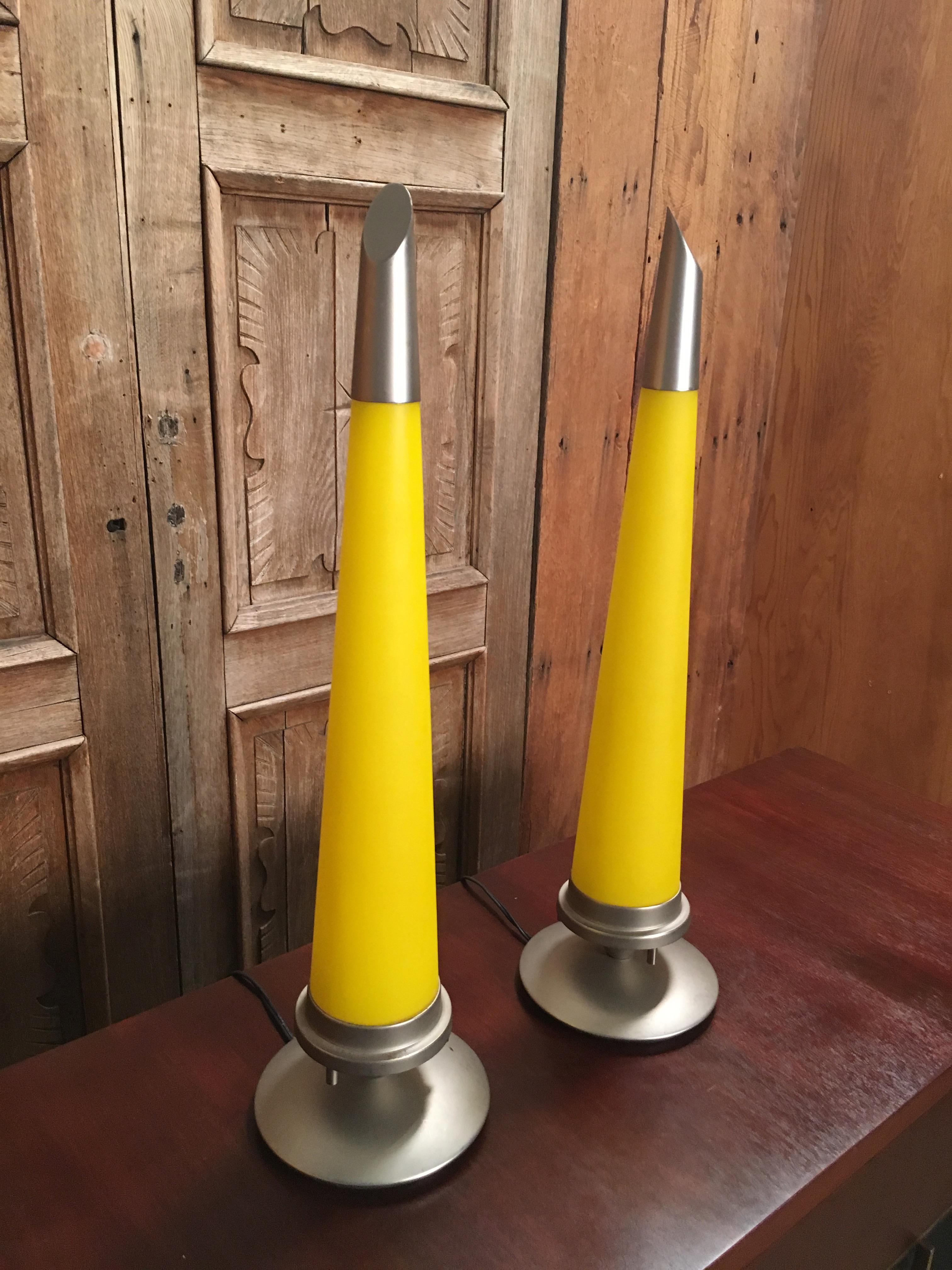 Pair of Italian Conical shaped glass mantle lamps with metal base and cap, 1990s.