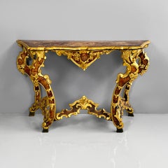 Italian console in wood with a marble effect and golden profiles, 1700s