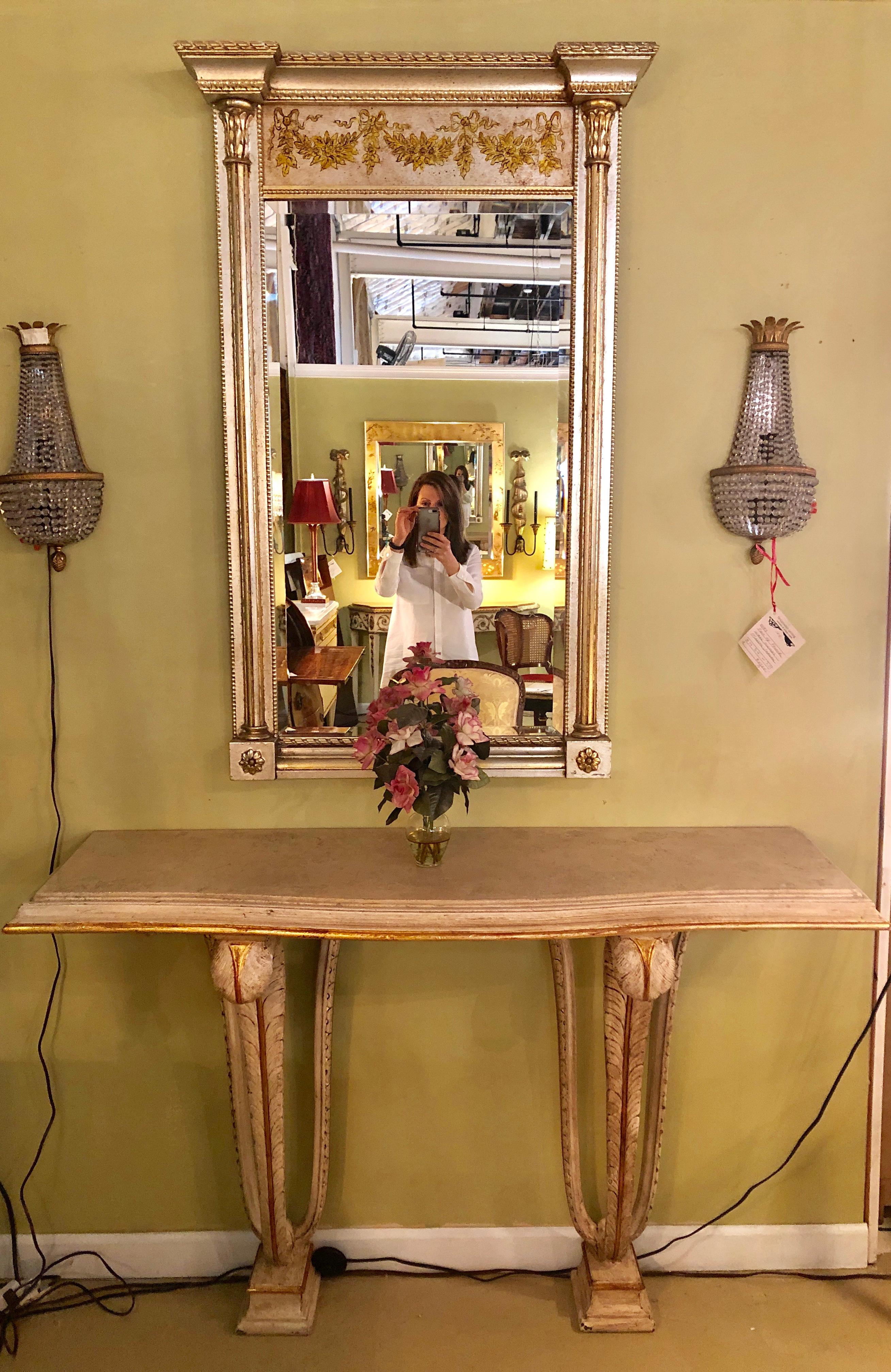 Italian Console Mirror Having Silver Leaf Eglomise Design by LaBarge For Sale 5