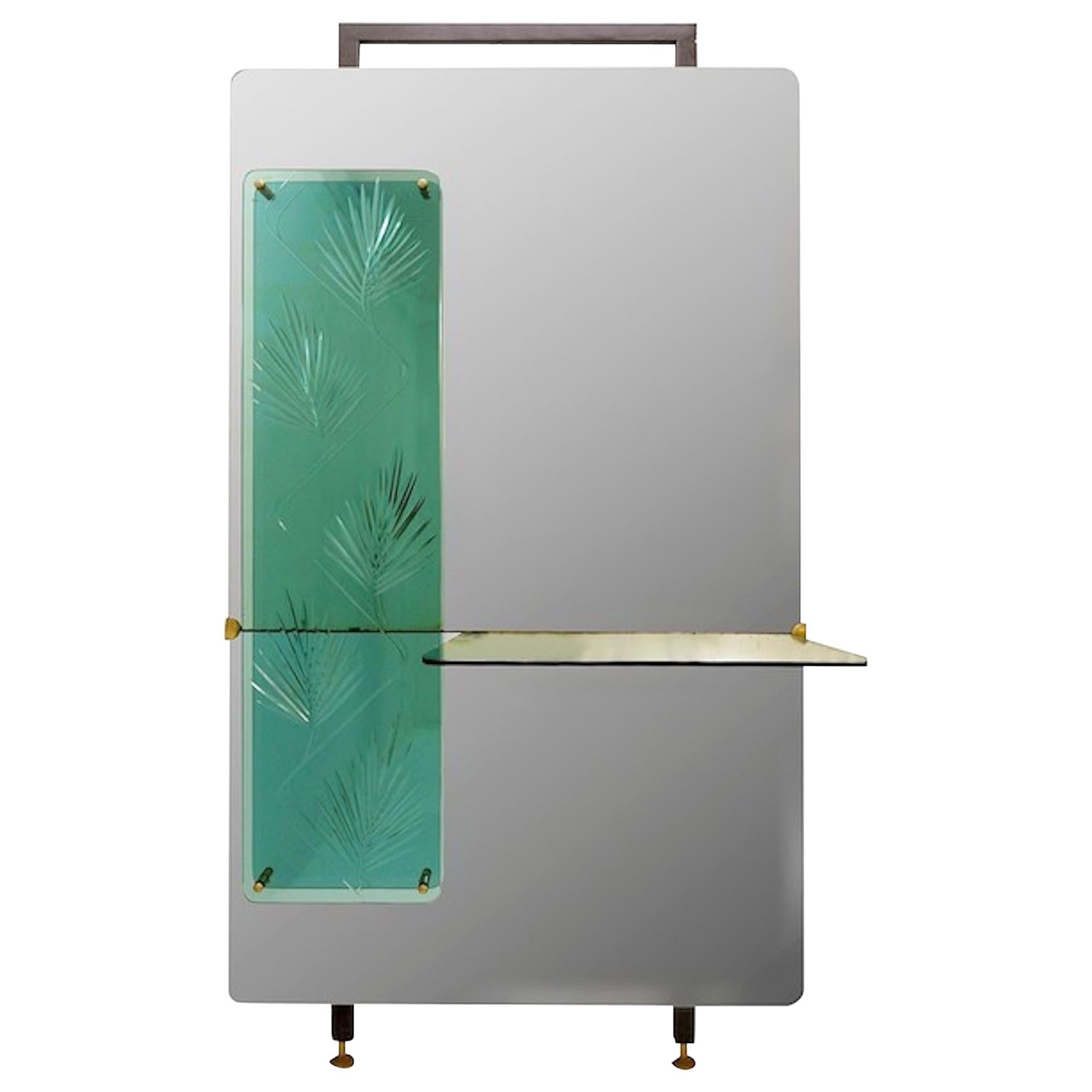Miroir console italienne avec panneau décoratif, cristal gravé, années 1960 en vente