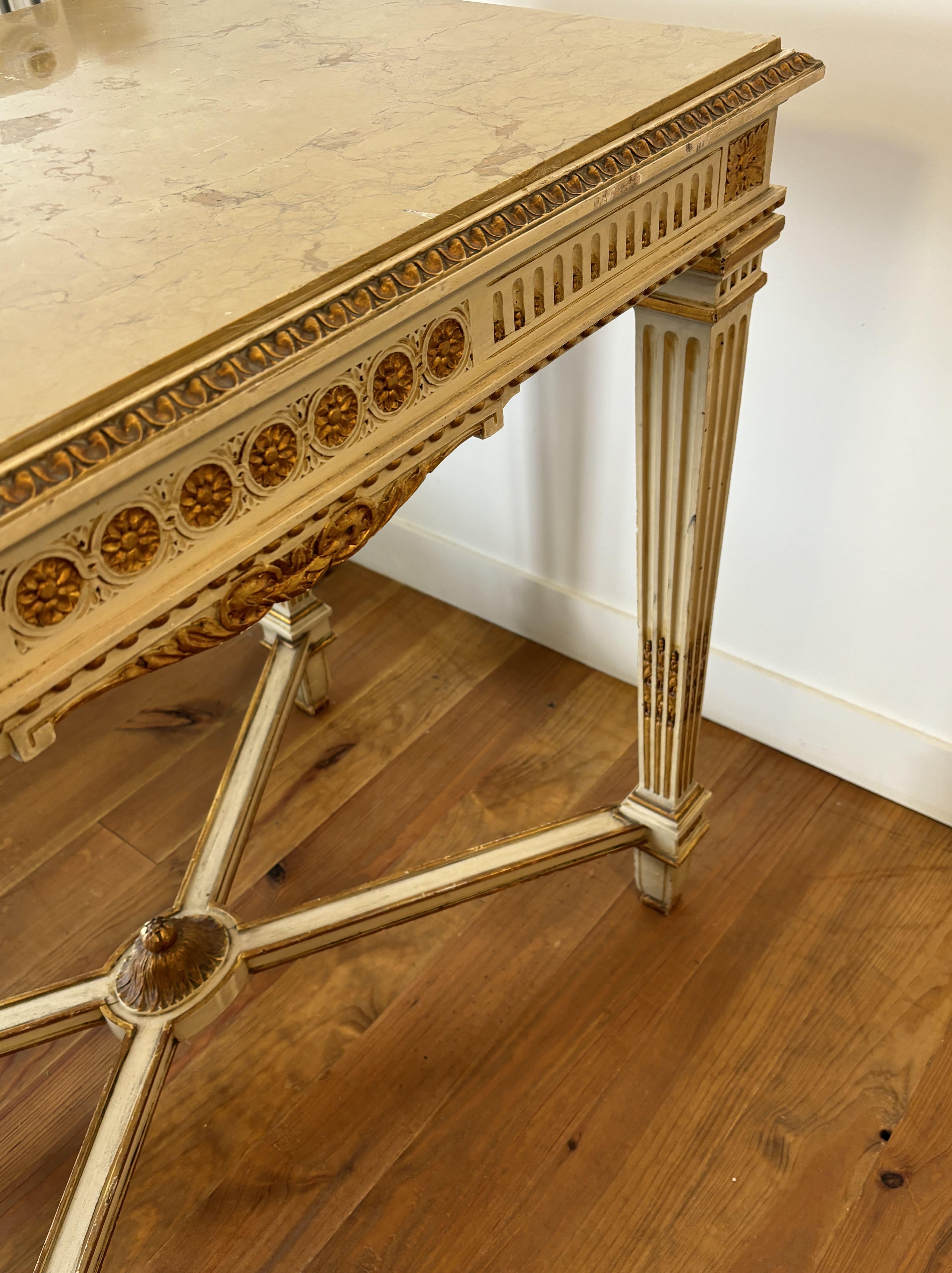 Italian Console Table In Lacquered And Gilded Wood, Marble Top. Mid20th century For Sale 8